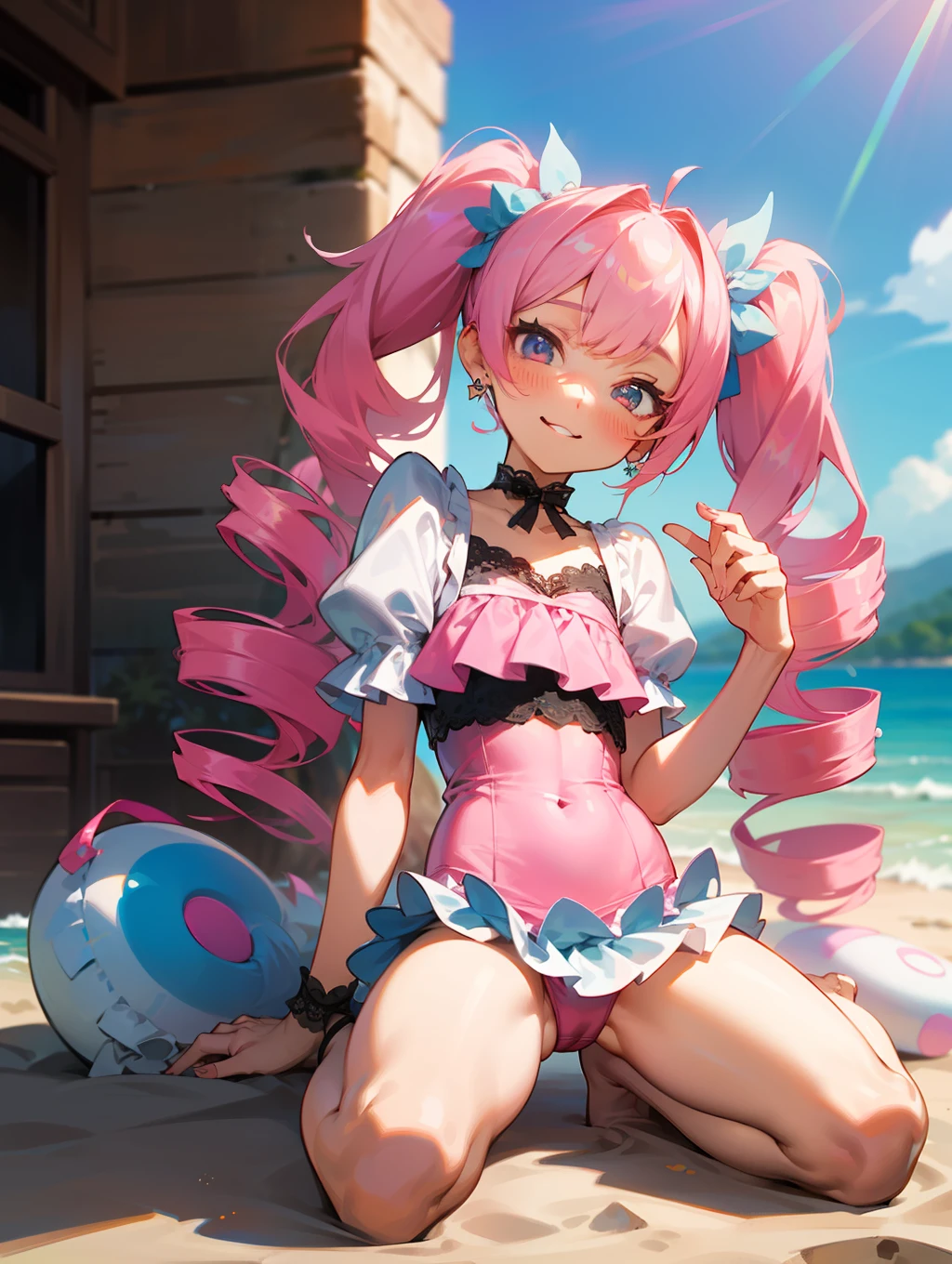 masutepiece, hyper quality, Hyper Detailed, Perfect drawing,Hi-Res、1girll,full body Esbian、ssmile、Loose and fluffy hair、(((drills twintails)))、A pink-haired、Big eyes with double eyelids、lofty nose、blusher(0.2)、small mouth、ear piercings、Swimsuit(ta Fashion:0.5)(Lace Ruffles:1.5)(White pink swimsuit)、Premium Services、Beach、blue-sky、Summer colors、Sunlight、shores、White sandy beach、Shooting from diagonally below, portlate、beatiful backgrounds, meticulous drawing, Accurate drawing、Perfect illustration、Perfect Beautiful Girl、high-class sense