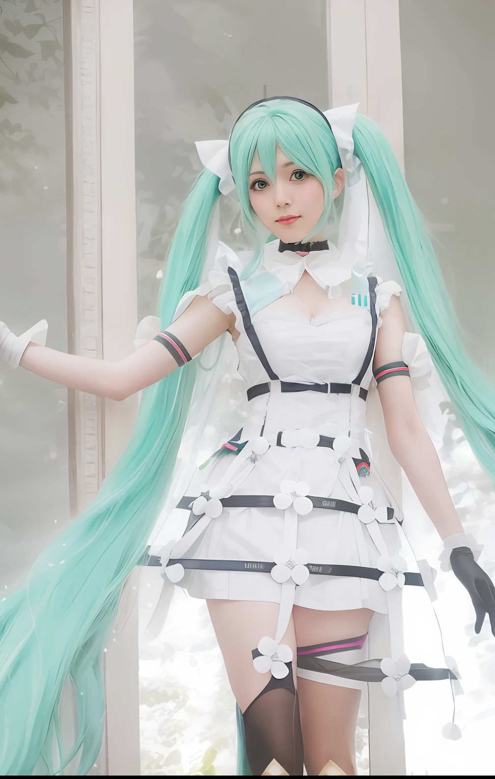 there is a woman with long green hair and a white dress, hatsune miku cosplay, anime girl cosplay, anime cosplay, hatsune miku, cosplay, mikudayo, miku, vocaloid, cosplay photo, twintails white_gloves, professional cosplay, portrait of hatsune miku, cosplay of a catboy! maid! dress, white and teal garment