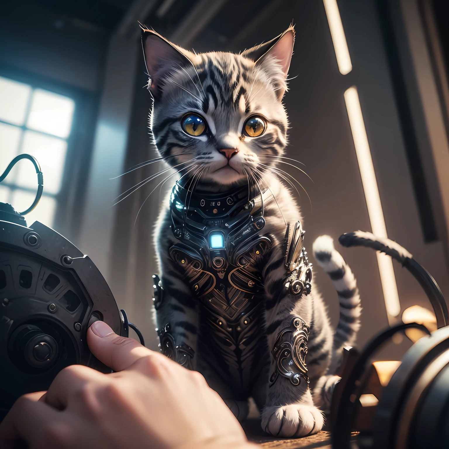 A cute kitten made of metal, (cyborg:1.1), ([tail|detailed wire]:1.3), (intricate detail), hdr, (intricate detail, hyperdetailed:1.2), cine footage, halo shadow, centered --auto