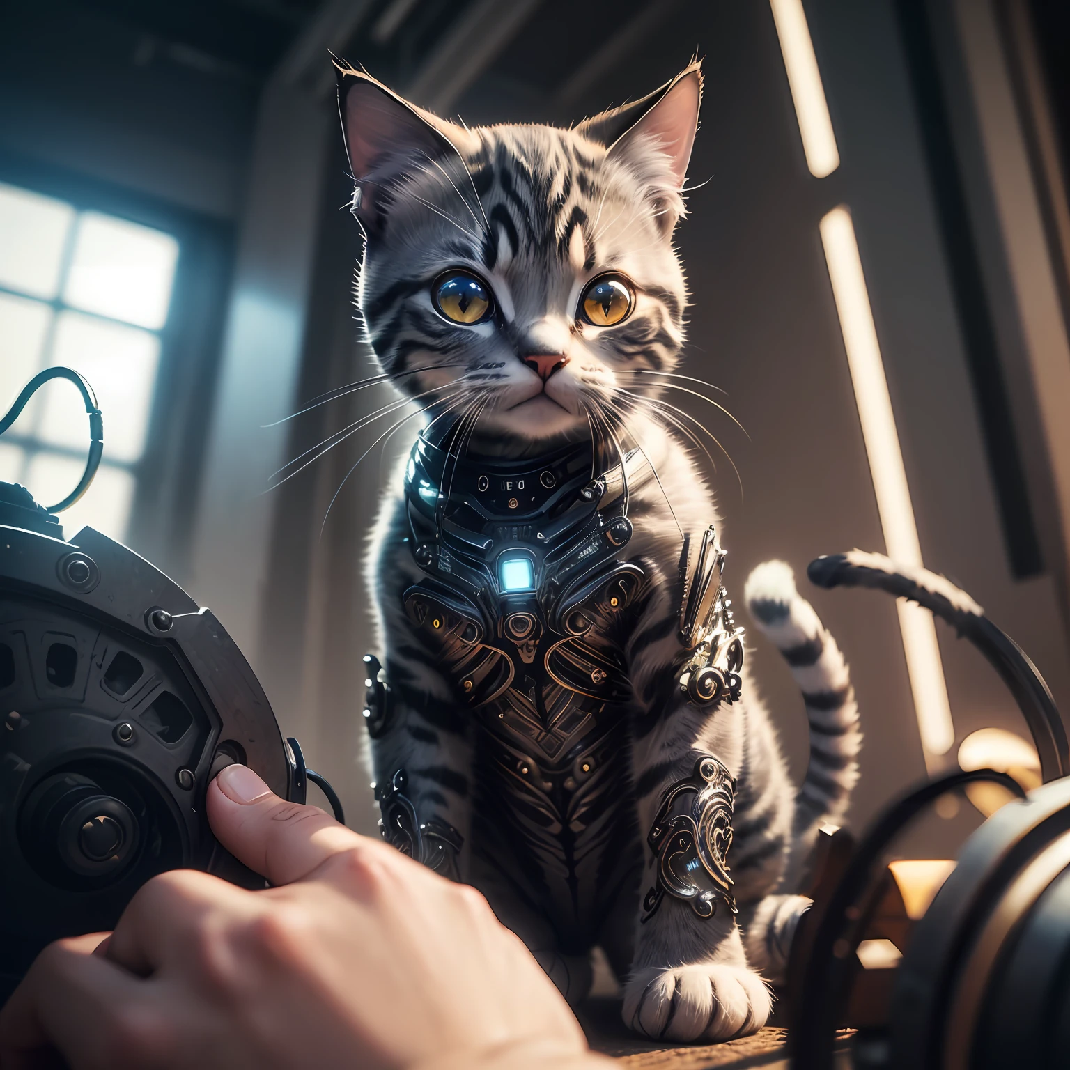 A cute kitten made of metal, (cyborg:1.1), ([tail|detailed wire]:1.3), (intricate detail), hdr, (intricate detail, hyperdetailed:1.2), cine footage, halo shadow, centered --auto