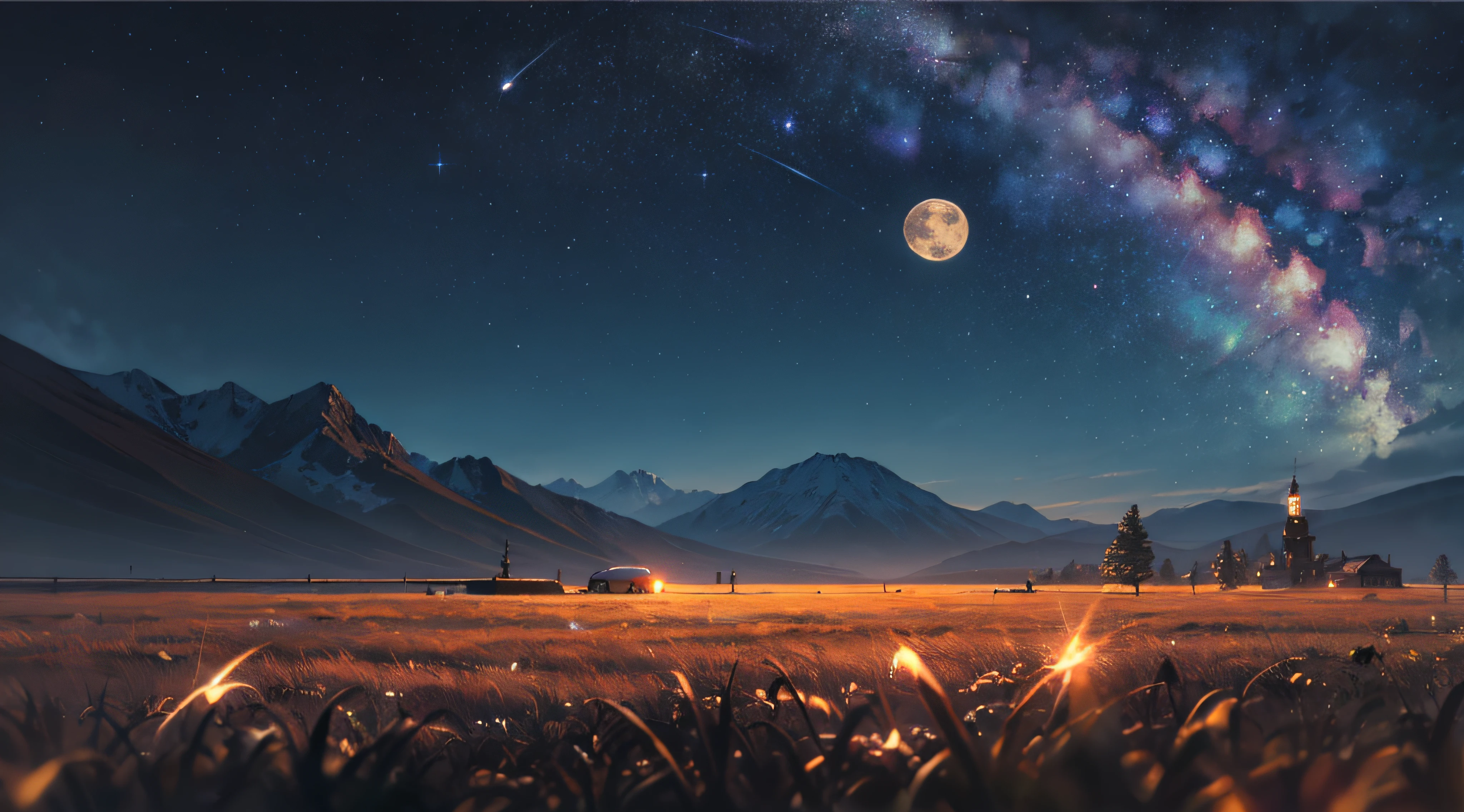 Expansive landscape photograph,(moon full:1.2),(meteors:0.9),(Starcloud:1.3),Far Mountain, Tree BREAK making art,(Warm light source:1.2),(glowworm:1.2),lamp lights,Lots of purple and orange,Complicated details,Volumetriclighting,Realism BREAK(tmasterpiece:1.2),(best qualtiy),4K,Ultra-detailed,(dynamic compositions:1.4),The is very detailed,Colorful details,(Irridescent color:1.2),(luminouslighting,Atmospheric lighting),dream magical,magical,(独奏:1.2),((best qualtiy)), ((tmasterpiece)), (the detail:1.4),depth of fields,maximum definition and sharpness,perfectly proportions,Fluttering clouds,Wallpapers