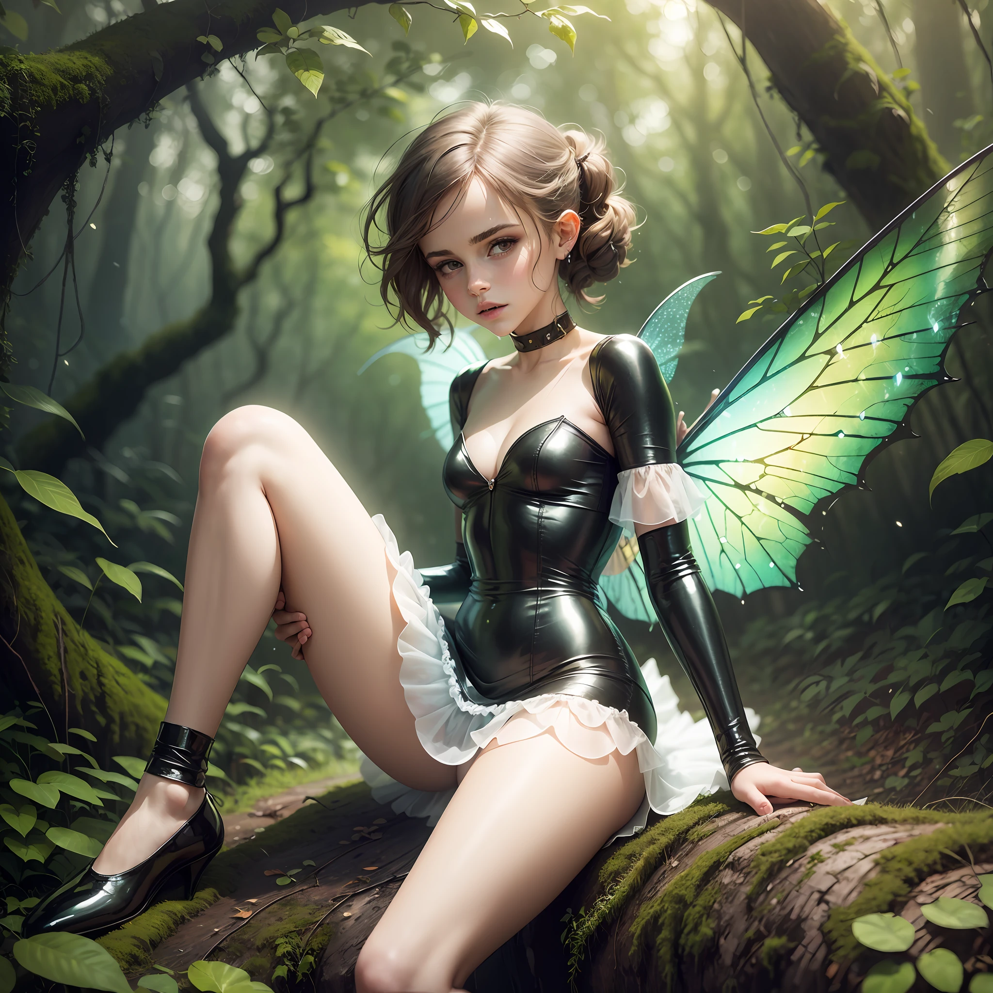 a hauntingly beautiful teen emma watson as fairy sitting on a fence in the forest. her vibrant and youthful features create a striking juxtaposition of ethereal beauty. tight latex fairy dress, short dress, sparkly wings.