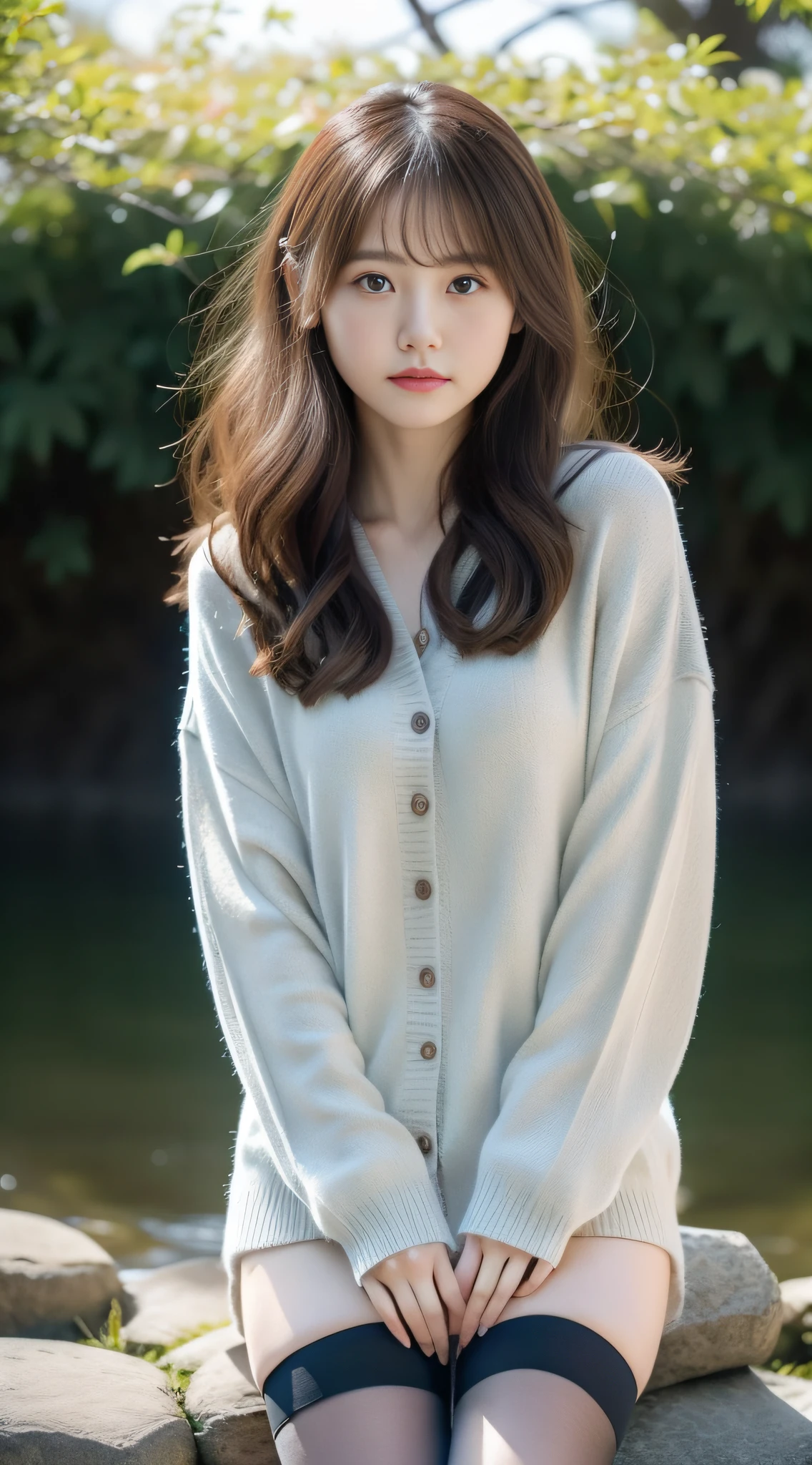 photography of，realisticlying，1girll，high detal，超高分辨率，Delicate facial features，Watery eyes，long eyelasher，long whitr hair，shairband，Facing the viewer，Beautiful girl style，((Small etc. chest))，Skinny short-sleeved sweater，denim short，((black lence stockings))，and the sun was shining brightly，flower  sea，
，baiyun，Yamakawa，detailed back ground