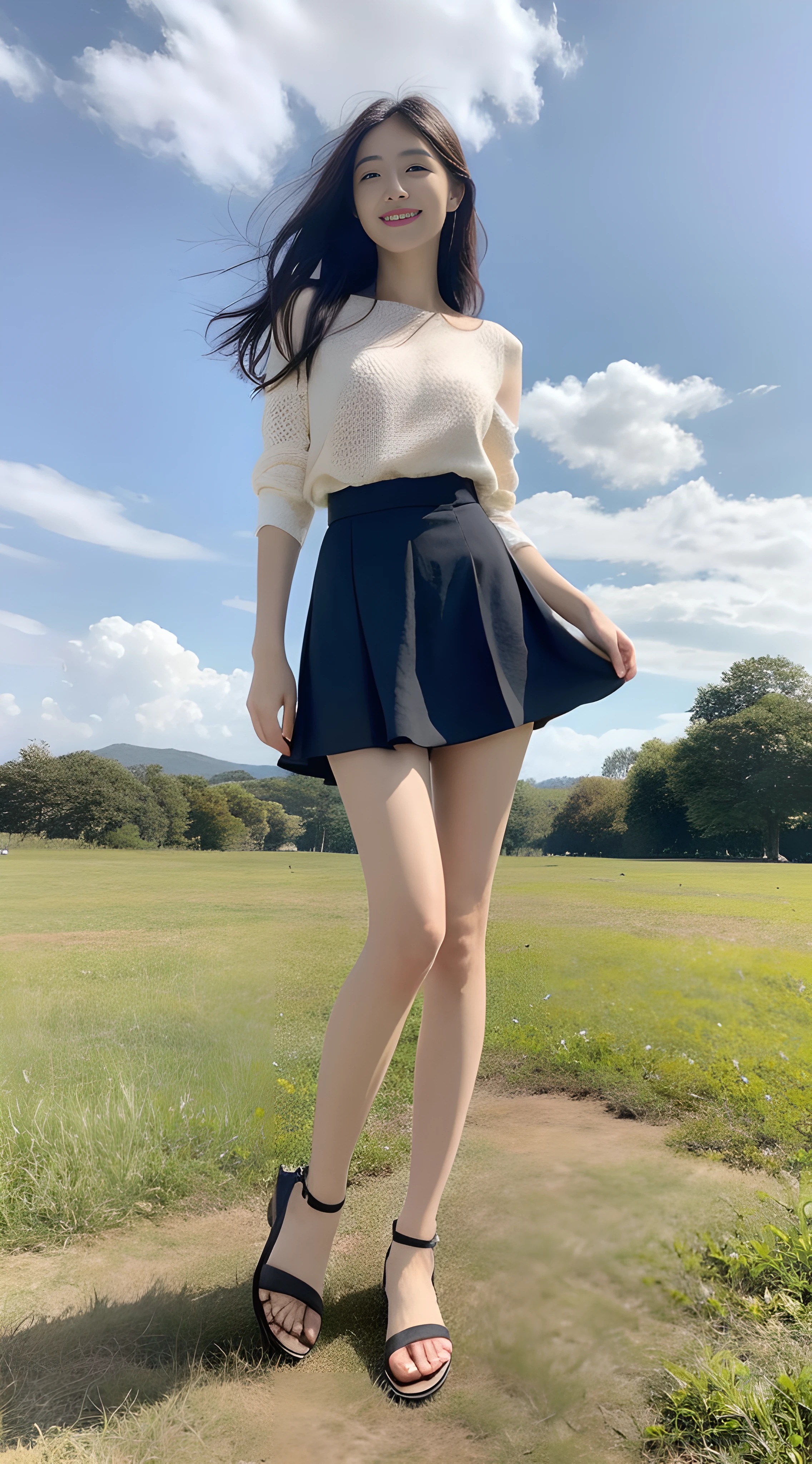 a young, Beautiful cute girl,Full body photo,Extremely beautiful and delicate,Black color hair,A sweet smile,Delicate and beautiful fair skin,Realistic and realistic,exquisite and complete facial features,Detailed depiction of the face,tall nose bridge,Smooth hair,extremely detail hair,Feminine temperament,Fill your face light,Tall and tall,Thin,Realiy,Hyper-realism,sandals,full body shot shot,Forward tilt angle,Extreme picture quality,Highest precision,Precise and perfect human anatomy。with blue sky and white clouds,Sitting on the Steppe,with blue sky and white clouds,rays of sunshine,Cows, sheep, tigers, lions(White chiffon skirt)Panties are clearly visible. telephoto shot,Express the landscape,Highlight portrait。Delicate fingers