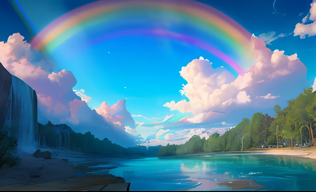 concept-art, No Man, scenery, water, A huge rainbow in the center, Huge rainbow, sky, day, tree, Cloud, waterfallr, Outdoors, Building, Nature, River, Blue sky