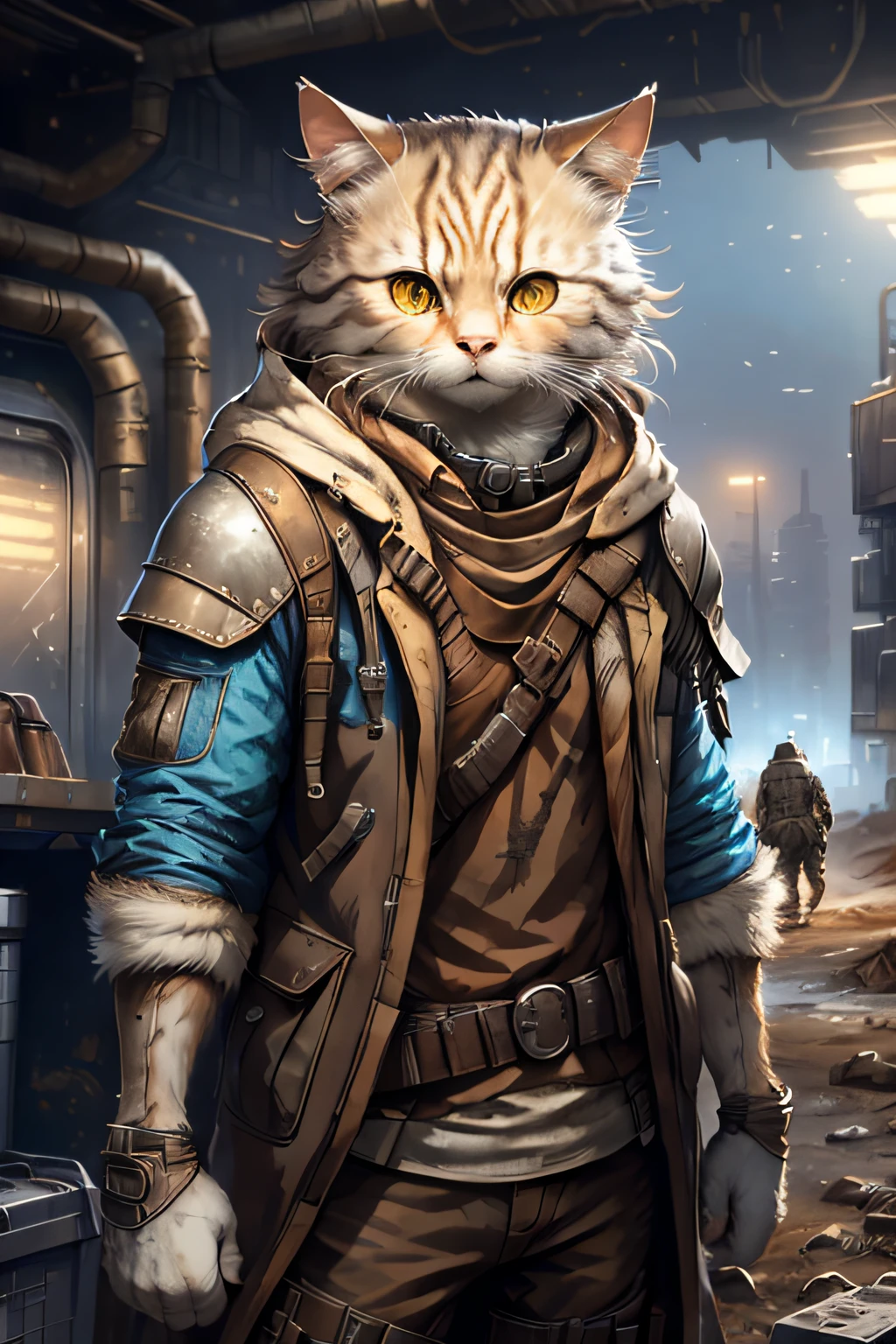 sportrait, White-brown C4ttitude,Mechanical limb,Brown hooded coat,Wasteland city background, in mad max style