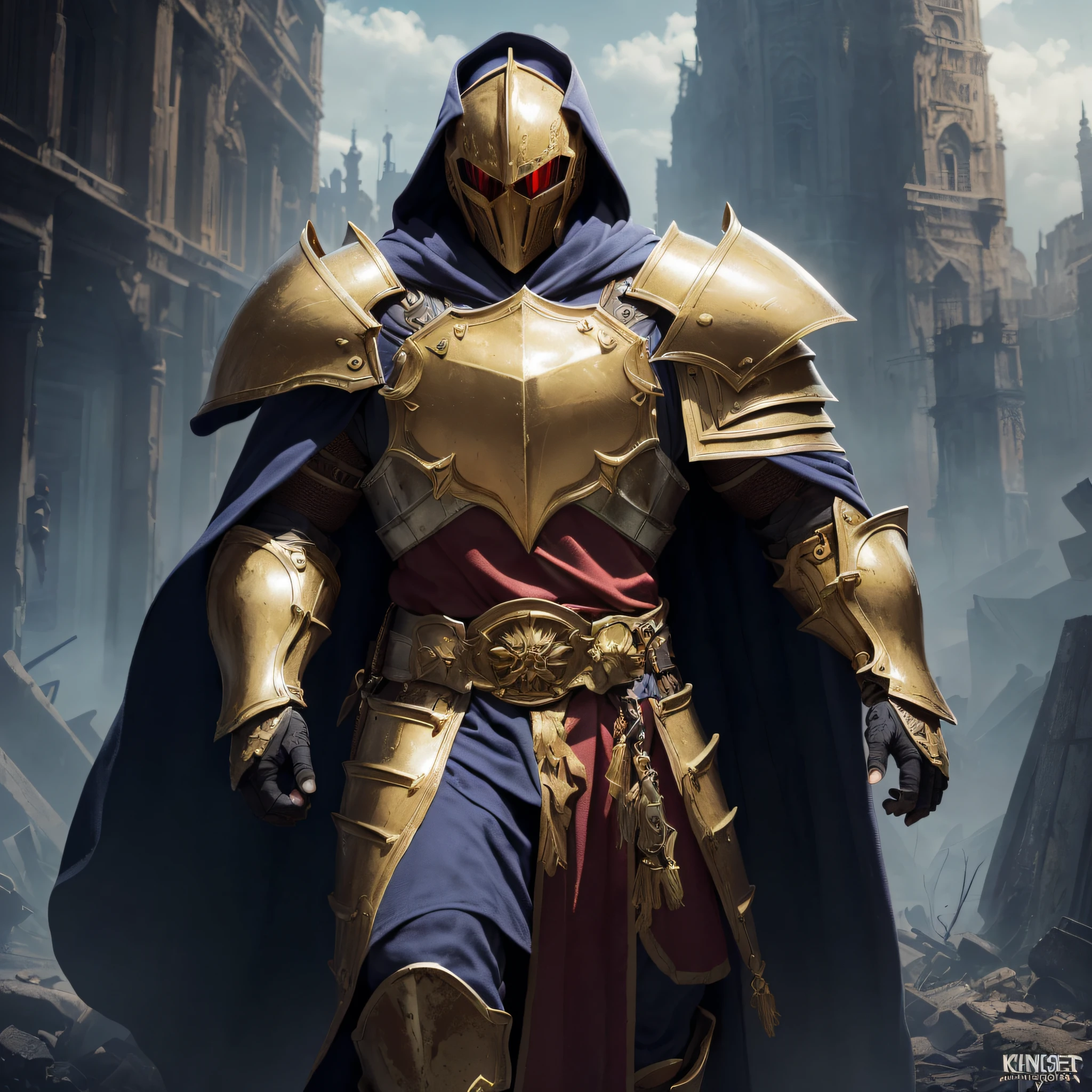 ((Isaac's cloak+gold, Silver, Blue and red armor+Male Apocalypse Knight+Messenger of Justice)+(The big mask does not show its face+Great picture))&(High-quality illustrations+Extremely detailed+The details are unbeatable+The heaviness is full)&(Strong muscles+A palatial paradise，The background is magnificent+full body armored))