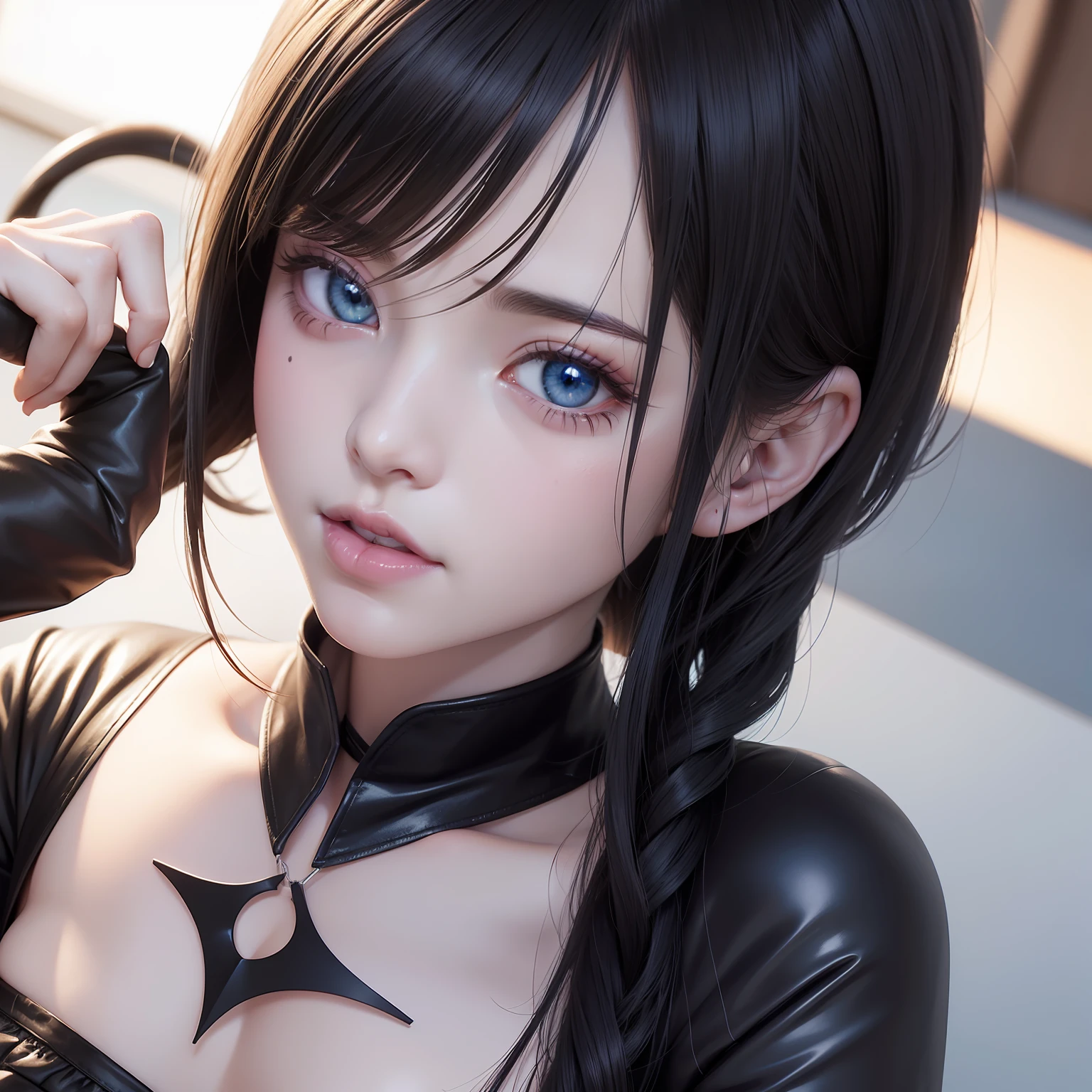 Blue eyes and black hair (Open mouth and stick out tongue) Anime Girls, (The Joker)mint(spider-man)a girl in, 1girl, Seductive Anime Girl, Smooth Anime CG Art, Fine details. girls' frontline, photorealistic anime girl render, render of april, from girls frontline, ultra-detailliert, aesthetic, masterpiece, top-quality, render of a cute 3d anime girl, beautiful alluring anime woman, anime moe art style, Very detailed ArtGerm, azur lane style