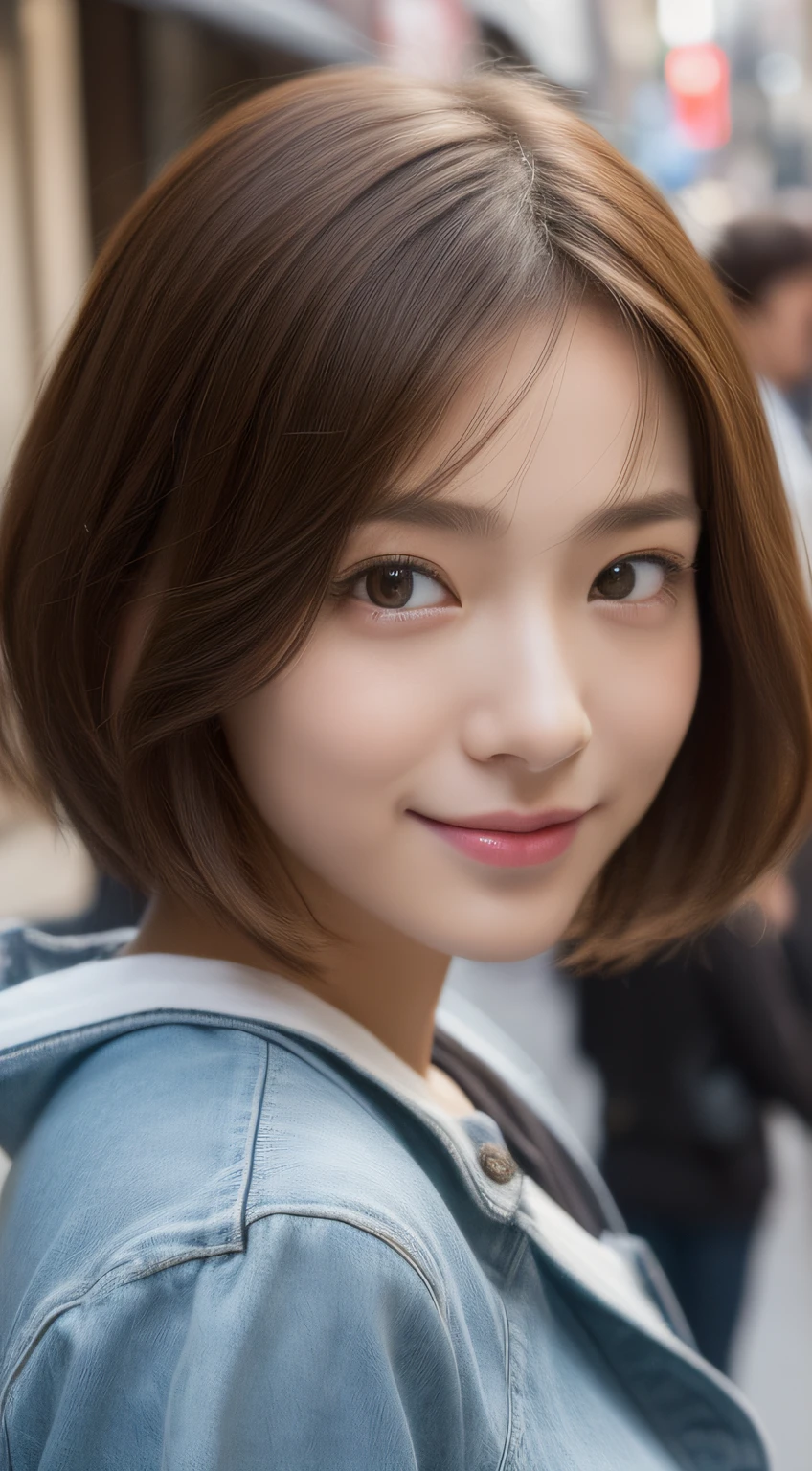 (Raw photography:1.2)、(Photorealsitic:1.4)、(masterpiece:1.3)、(top-quality:1.4)、超A high resolution、(A detailed eye)、(detailed facial features)、(detailed clothes features)、8K分辨率、solofocus、bangss、skin tightening、(shinny skin)、(Slender girl)、(a japanese girl)、(Japan Faces)、((short-hair:1.2))、1 girl in、Slim Beauty:1.3、brown haired、Delicate hair、(huge tit:1.2)、new york streets、Detailed street fashion、hotpants、Looking at the camera、A slight smil