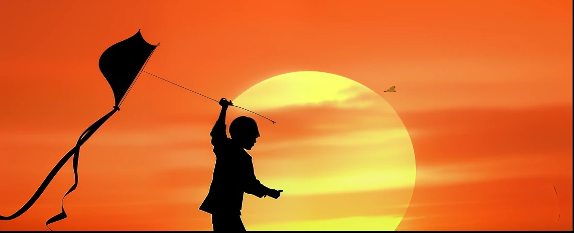 Silhouette of a child flying a kite before sunset, absolutely outstanding image, the sunset, silhouette over sunset, Beautiful image, With sunset, the sunset, Fanart, an amazing photo, In the sunset, stunning images, Artistic interpretation, at the sunset, Beginner, stunning photo, As night fell, amazing photo, personal profile picture, the sunset, Great masterpiece