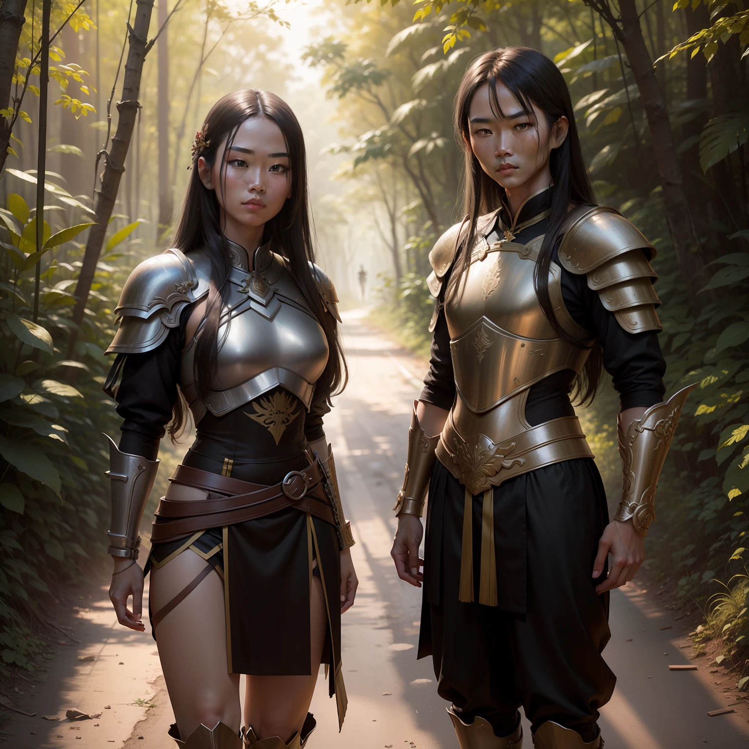 8k smooth,Southeast Asian warriors,detail in face,Asia face,Full body photo(FLS),Bronze weapon in hand,Chinese-style clothing,Armour,Jade jewelry,sun light,Full body photo,A deserted road in the dense forest,Brutal,Broken,Wasteland,Ethnic art