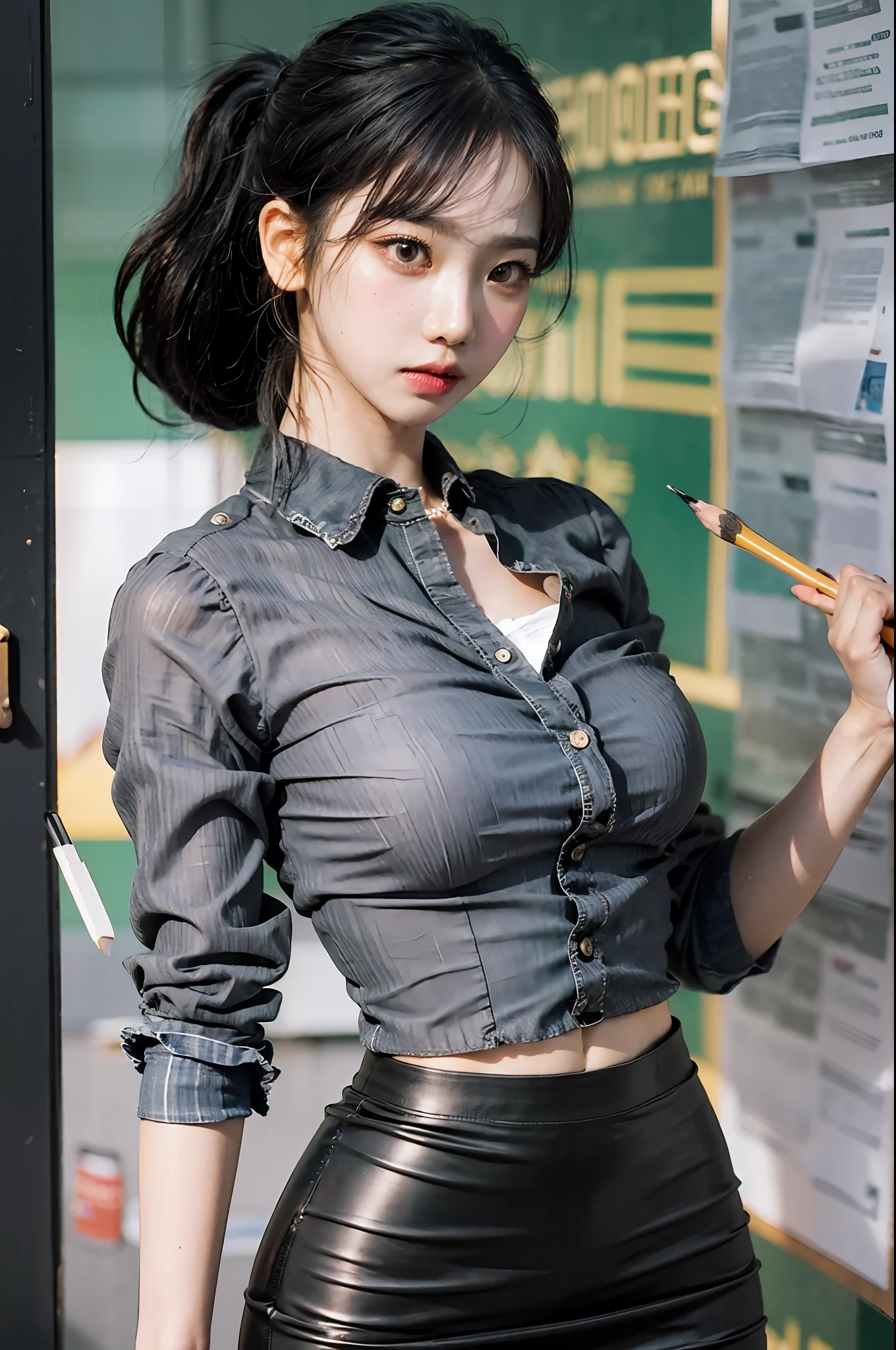 1 woman, stands at the blackboard with a pointer in her hands, a book, a teacher, a short pencil skirt, black underwear, a semi-transparent blouse, unbuttoned top buttons of the blouse,  uniform ,(masterpiece),(photorealistic:1.3), nfsw, ultra-detailed, (high detailed skin:1.2),(best quality:1.0), (ultra highres:1.0)