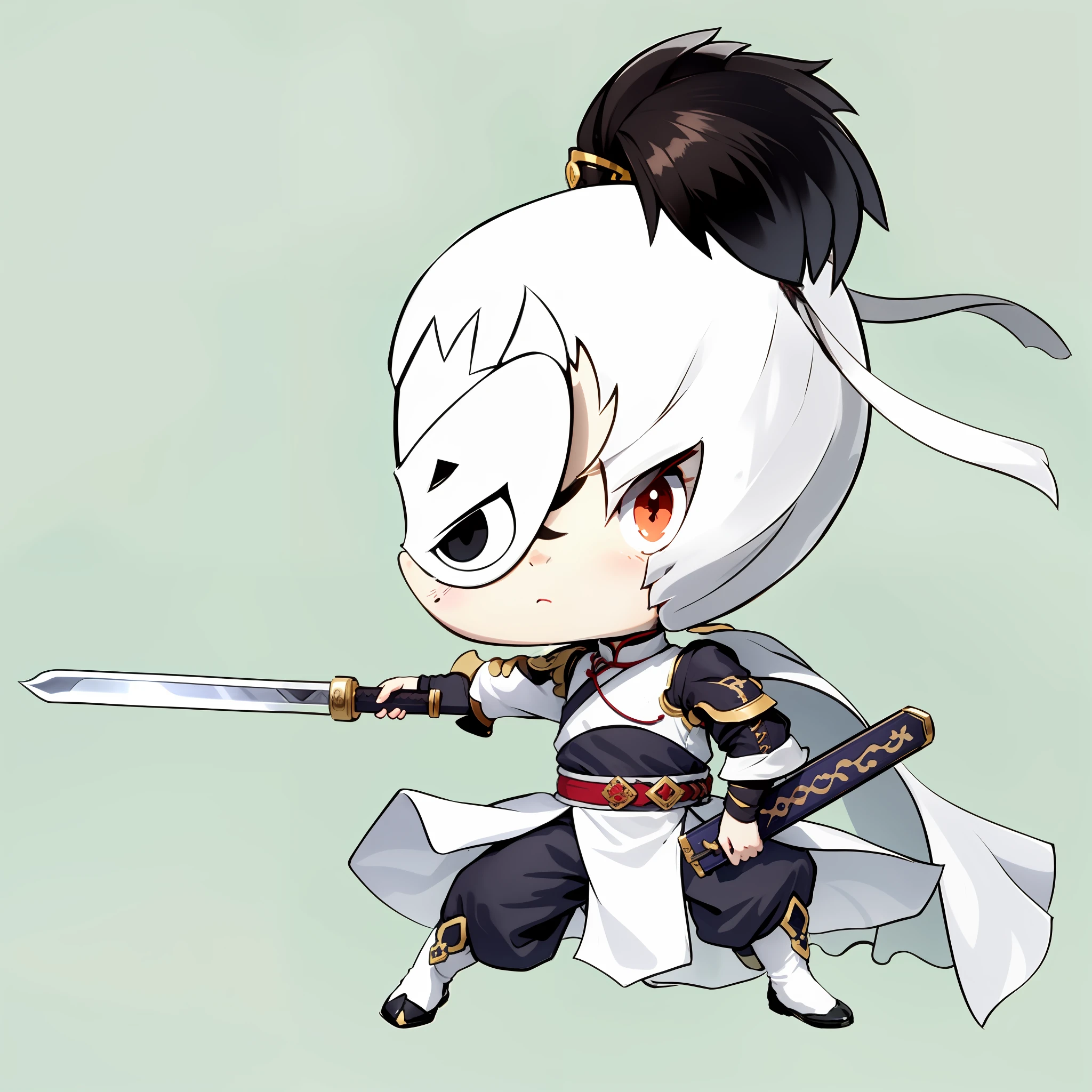 Chibi anime characters，China-style，Chinese shoes，The sword，sword sheath，There is a beautiful pattern on the scabbard，Refinement，Fine painting，Refinement，infinite details，high definition detail，Delicate belt，Belt accessories，Male characters，Blindfolds，sideface，swordsman，dark colored hair，Patterned，Pattern，Blank background，Bright colors，Metal edging