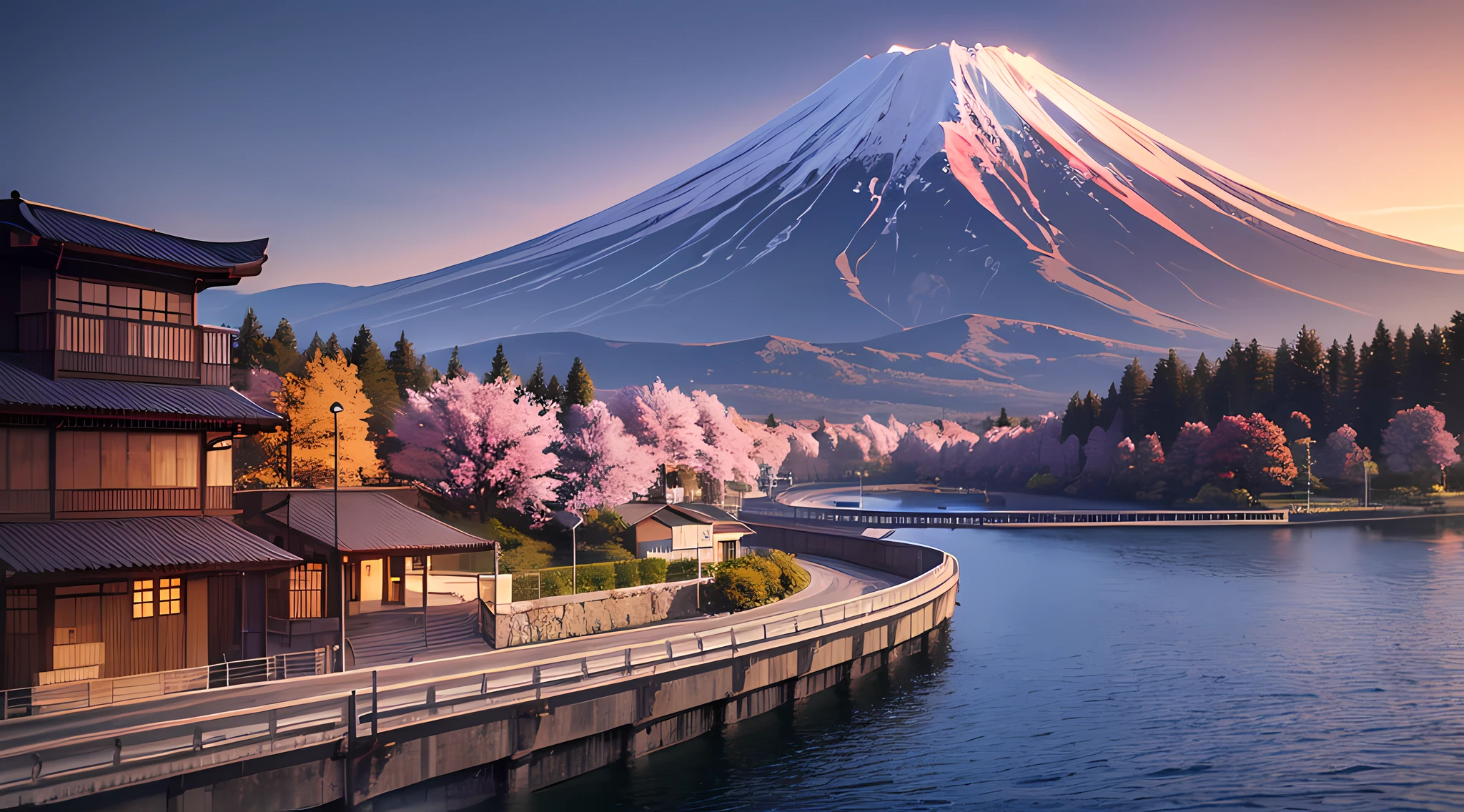 Landscape, Mt. Fuji, river, blue sky, cherry blossom trees on river side, sunset, railway, complete with a vibrant and rich color palette, back light, (4k resolution concept art, inspiration from WLOP and Alberto Seveso), 3d render, octane render, intricately detailed, cinematic, trending on art station | Isometric | Centered hype realistic cover photo awesome full color, beautiful face, beautiful eyes, black eyes, detailed eyes, hand drawn, dark, gritty, realistic, 12k, intricate, hit definition , cinematic, Rough sketch, mix of bold dark lines and loose lines, photon mapping, ray tracing, luminous studio engine, Centered image.