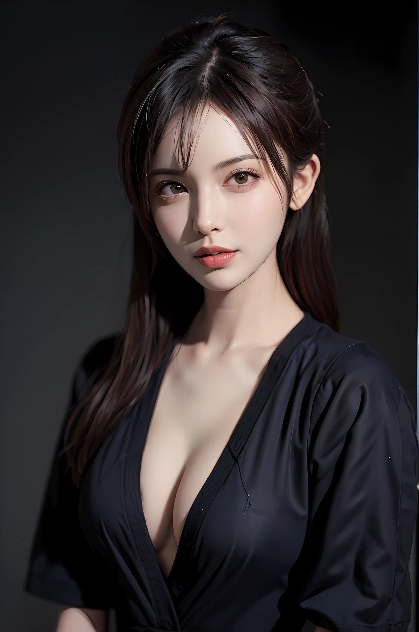 (Front focus),(in the darkness nigth:1.6),Surrealist portraits of women by David Hockney and Alphonse Mucha,Fantasyart,photographrealistic,动态照明,art stations,poster for,Volumetriclighting,Very detailed faces,4 k'',Award-Awarded, 1girll, In the dark, deepshadow, low tune, Cowboy shot, (official clothes:1.4), long whitr hair, whaite hair,The shirt,no underwares,爆乳,Deep cleavage