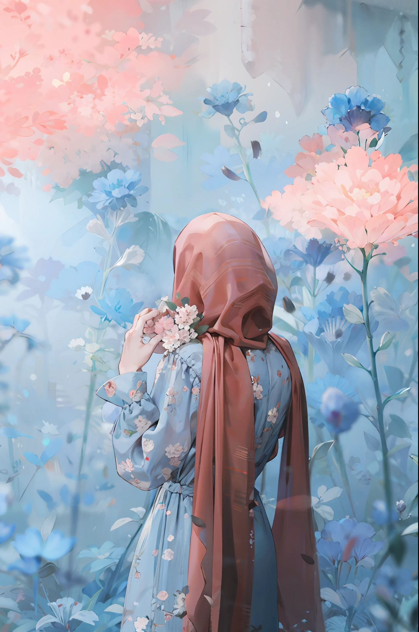 woman wearing hijab with her back, holding flowers