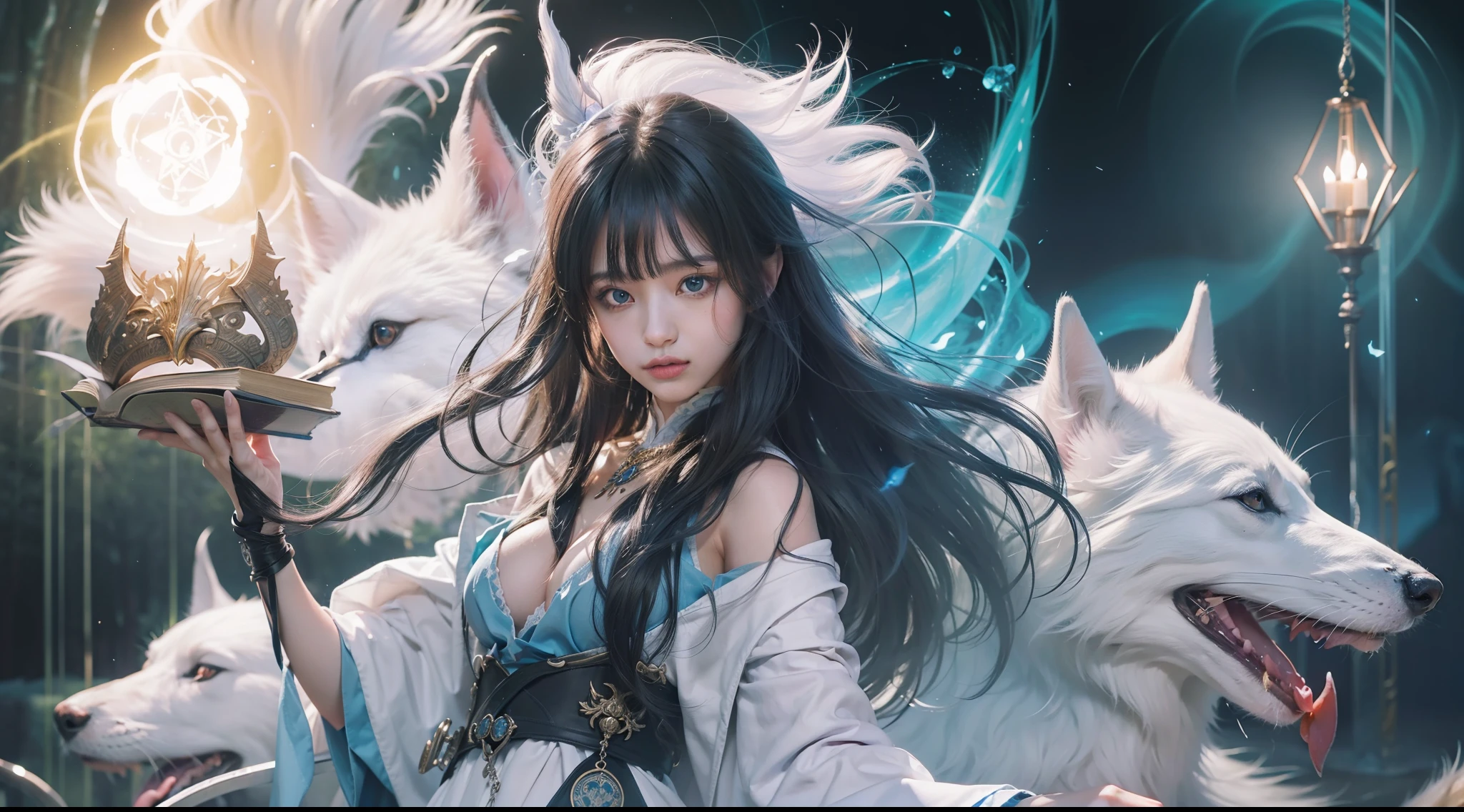 Crystal Castle Sealed in a Book of Magic,Blood,Night, Dark, (Fantasy),infinite,deep blue sky,The abyss of knowledge,Cowledge,((masutepiece)), (((Best Quality))),((Beautiful fine eyes)),(Eye lashes)、Beautiful girl riding a giant white wolf、(女の子1人)、Perfect human body structure、Black hair fluttering in the wind、The long-haired、abyss eyes、glowy skin、oils、small tits、Wizard robes、tattered cloth、Realistic coat、Teenchi、Super delicate CG Unity 32k wallpaper、masterpiece, ((ultra-detailliert)), ((illustratio)),colourfull,wall-paper,The energy,Unknown terror,Incomprehensible,Around the magic,Magical surroundings,magic wands,Boken,Flying pages,Know everything,Predict the future、Get to know the past、Infinite wisdom、blue flames、Warlock、magic circles、Pentagram、Spells、mantra、Singing magic