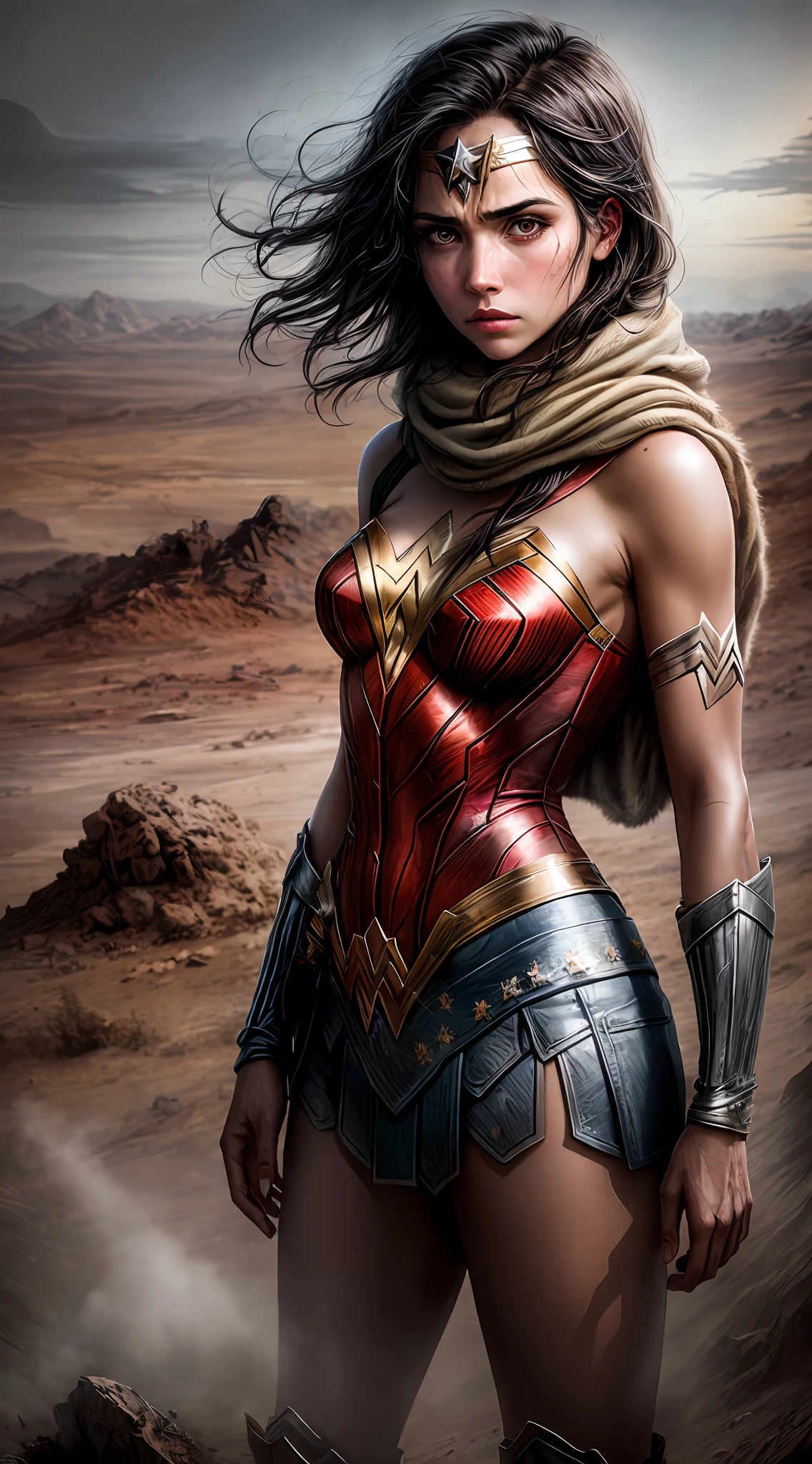 In a desolate wasteland, a Wonder woman emerges, her torn clothes bearing witness to the harsh environment she has endured. The scene exudes an atmosphere of desolation, with a barren landscape stretching into the distance. The individual's body showcases visible scratches, scars, and bruises, evidence of the hardships they have faced. Her expression reflects a mixture of fear and sadness, capturing the emotional toll of her journey through the wasteland. This full-body depiction in high definition brings these details to life, allowing viewers to empathize with the subject's plight. The 9:16 aspect ratio enhances the vertical composition, emphasizing the figure's presence against the backdrop of the unforgiving wasteland