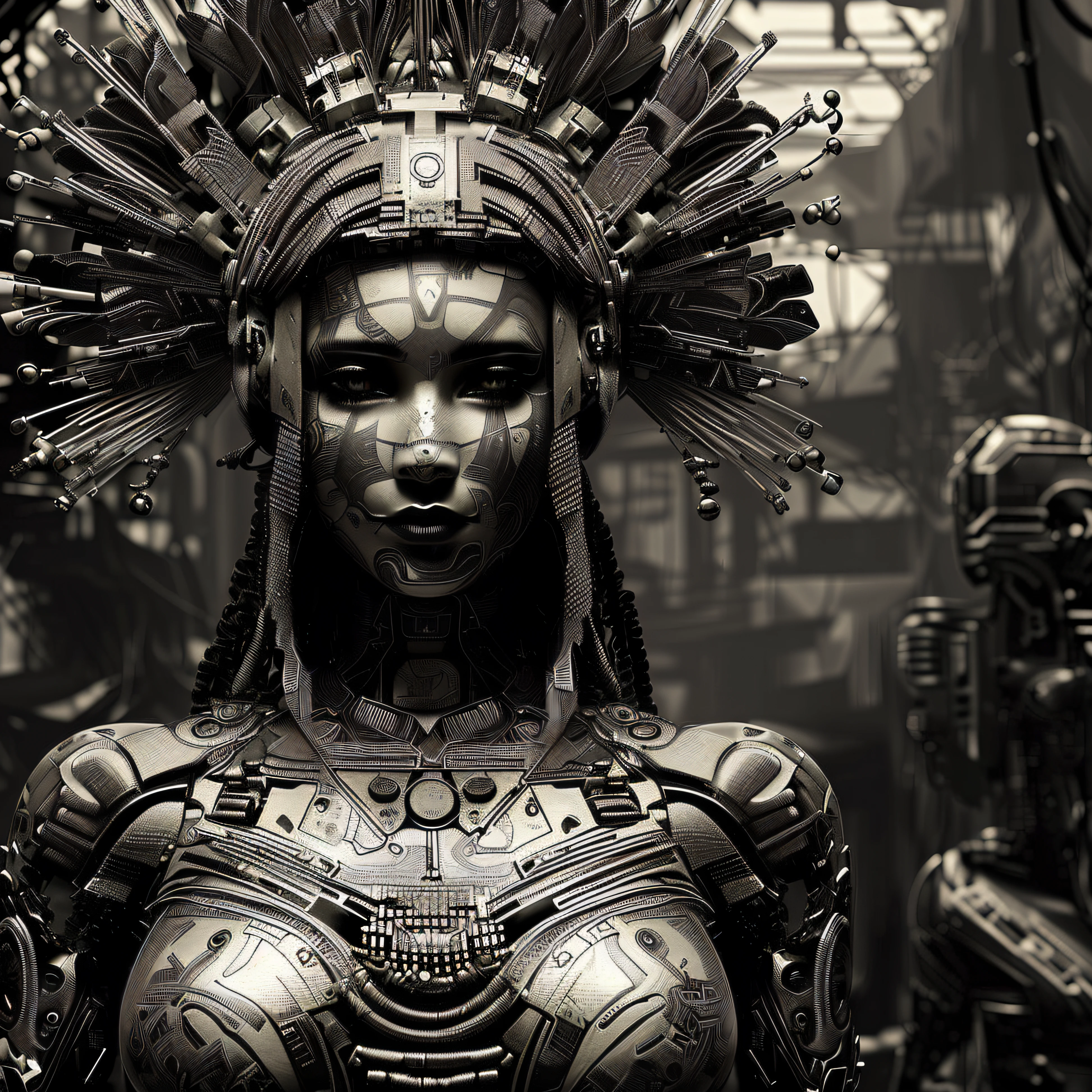 Hay una mujer con un tocado hecho de metal, Cyberpunk robot elven queen, Retrato de una reina cyborg, ornamental gothic - cyberpunk, Portrait of a cyberpunk machine, Premiado en CGsociety, Cyberpunk diosa enojada hermosa, Cyborg intrincado, Intrincada armadura cyberpunk, Mujer cyborg, gothic - cyberpunk, seductive dark cyberpunk fantasy, Estilo afrofuturista, Tribu de fondo en el bosque, fondo borroso, Professional photography by Sebastião Salgado