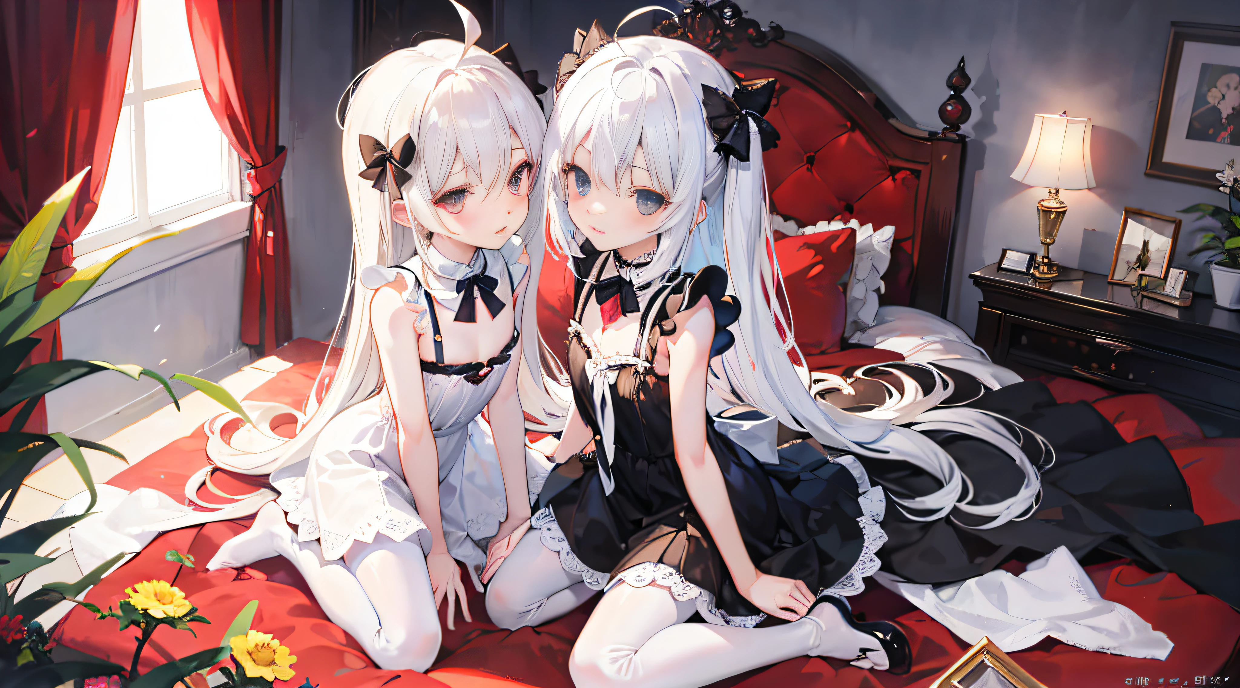 ahoge,bangs,Side_pony tails,White_Hair,Red_Eyes,reaching,Embarrassed,standing,Loli,flat_chest,slippers,shift dresses,rendering by octane,Meticulous painting,flowers meadows,angle of view,shoulder cutout,From above,full bodyesbian,Perspective,Overall view,,on top of the bed,Bedroom,A high resolution,art of light novel,art of light novel,Petite,lolita fashion,Petite,Babe,ahoge,Long hair,White hair,White_Hair,Red_Eyes,Kneeling&setting on floot,wariza,Slim legs,hand between legs,Blush,Beautiful detailed eyes,Sweet_Lolita,White pantyhose,white stockings,White_upper legs,no shoe,Collar,neck bowtie,Tiny_chest,Tiny_chest,One guy,One guy,Maid dress,dress,