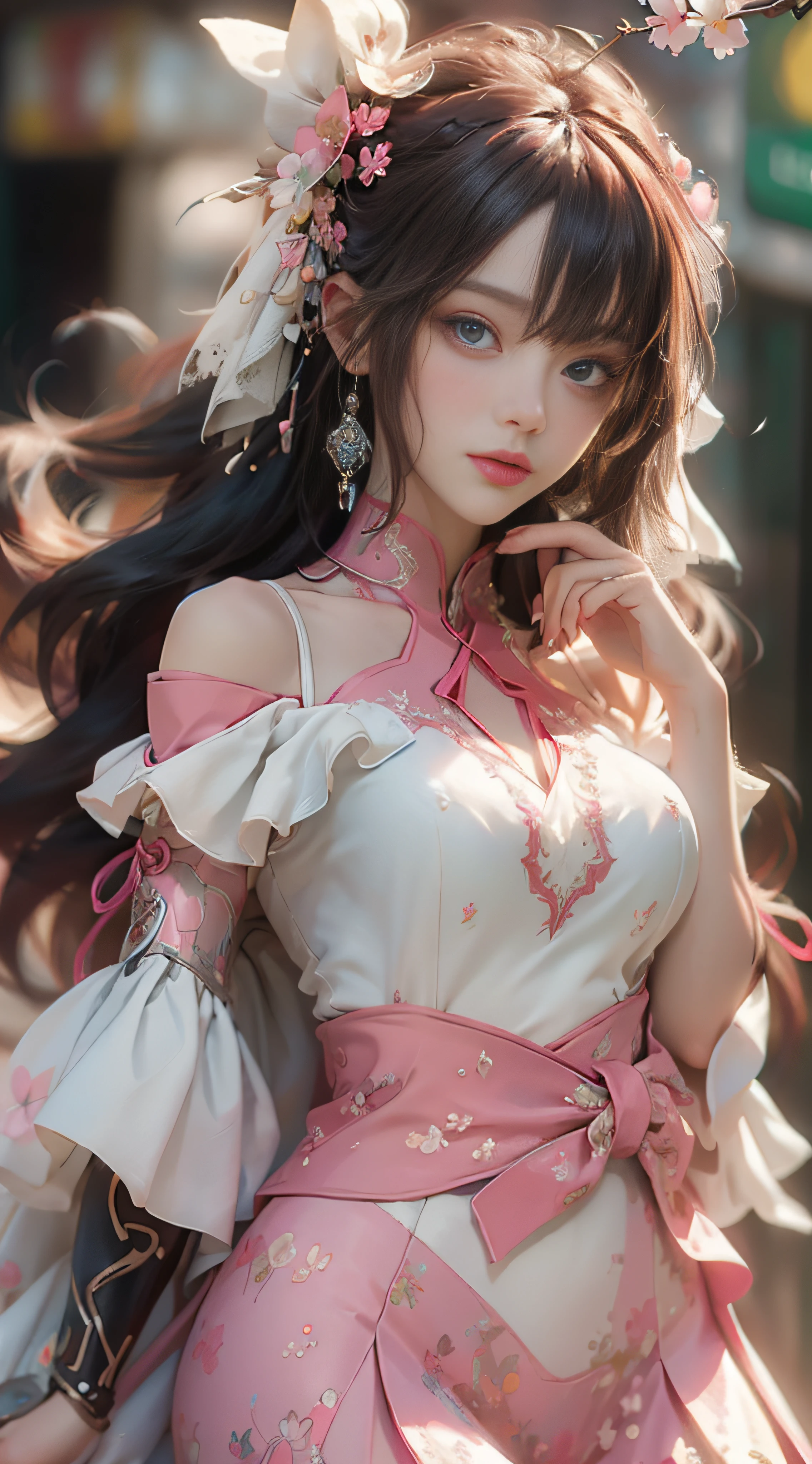 ((best qualtiy)), ((tmasterpiece)), (detail:1.4), Beautiful cyberpunk female images,hdr(HighDynamicRange),Ray traching,NVIDIA RTX,Hyper-Resolution,illusory 5,sub surface scattering,PBR textures,post-proces,Anisotropy Filtering,depth of fields,maximum definition and sharpness,Many-Layer Textures,Albedo e mapas Speculares,Surface coloring,Mitsu-Accurate simulation of material interactions,perfectly proportioned,rendering by octane,Two-colored light,largeaperture,Low ISO,White balance,Rule three points、8K raw data、Beautiful bright blue pupils,off-the-shoulder clothes,Fine pupils,Delicate face and eyes,long eyelasher,Blushlush,Delicate and fluffy hair,pink lip,Pure,Cute face,Sweet girl,Artistic sense,Casual wear,Advancedsense,butterflys,Cherry blossom petal,Beautiful hair accessories,Long hair and waist,Hair fluttering in the wind,wedding gown,curlies