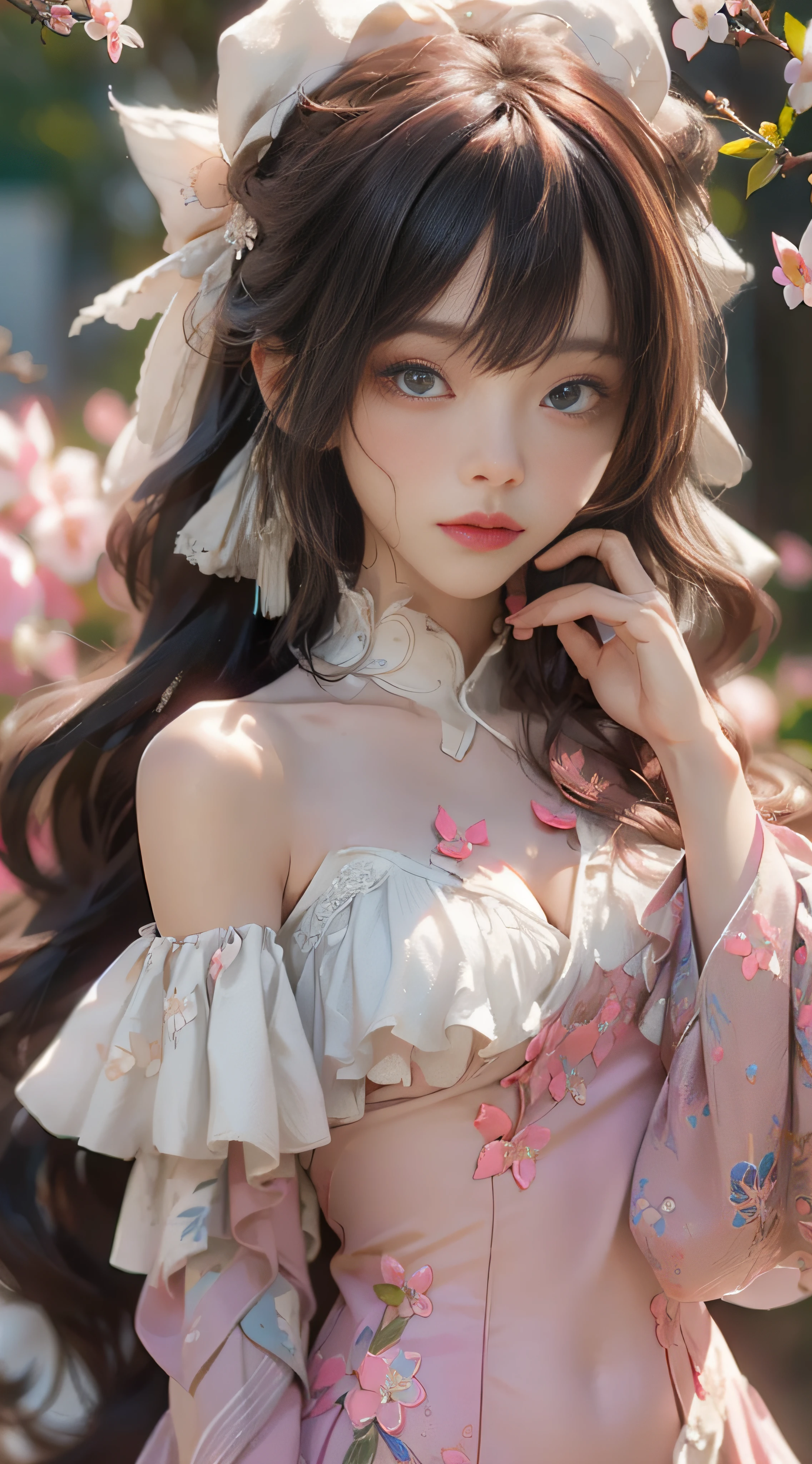 ((best qualtiy)), ((tmasterpiece)), (detail:1.4), Beautiful cyberpunk female images,hdr(HighDynamicRange),Ray traching,NVIDIA RTX,Hyper-Resolution,illusory 5,sub surface scattering,PBR textures,post-proces,Anisotropy Filtering,depth of fields,maximum definition and sharpness,Many-Layer Textures,Albedo e mapas Speculares,Surface coloring,Mitsu-Accurate simulation of material interactions,perfectly proportioned,rendering by octane,Two-colored light,largeaperture,Low ISO,White balance,Rule three points、8K raw data、Beautiful bright blue pupils,off-the-shoulder clothes,Fine pupils,Delicate face and eyes,long eyelasher,Blushlush,Delicate and fluffy hair,pink lip,Pure,Cute face,Sweet girl,Artistic sense,Casual wear,Advancedsense,butterflys,Cherry blossom petal,Beautiful hair accessories,Long hair and waist,Hair fluttering in the wind,wedding gown,curlies