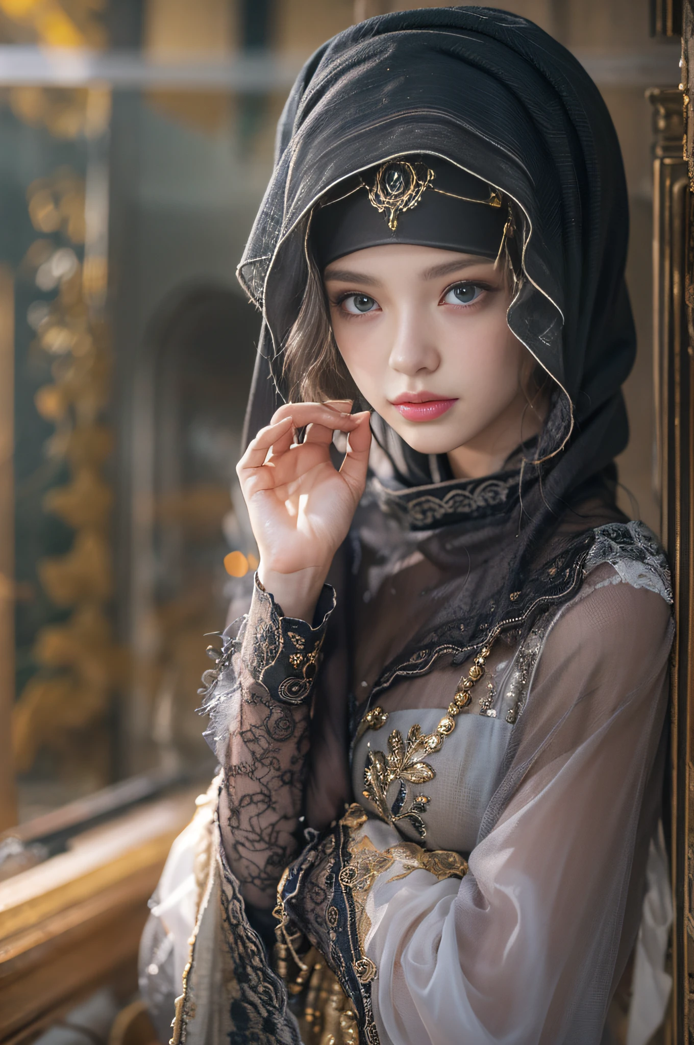 (RAW photo, best quality), (realistic, photo-realistic:1.3),HIJAB DRESS, best quality, highly detailed, masterpiece, ultra-detailed, illustration, 1girl, upper_body, dynamic angle, world masterpiece theater, messy_long_hair, best quality, extremely detailed CG unity 8k wallpaper, ink, Amazing, cinematic lighting, lens_flare, dunhuang_style,