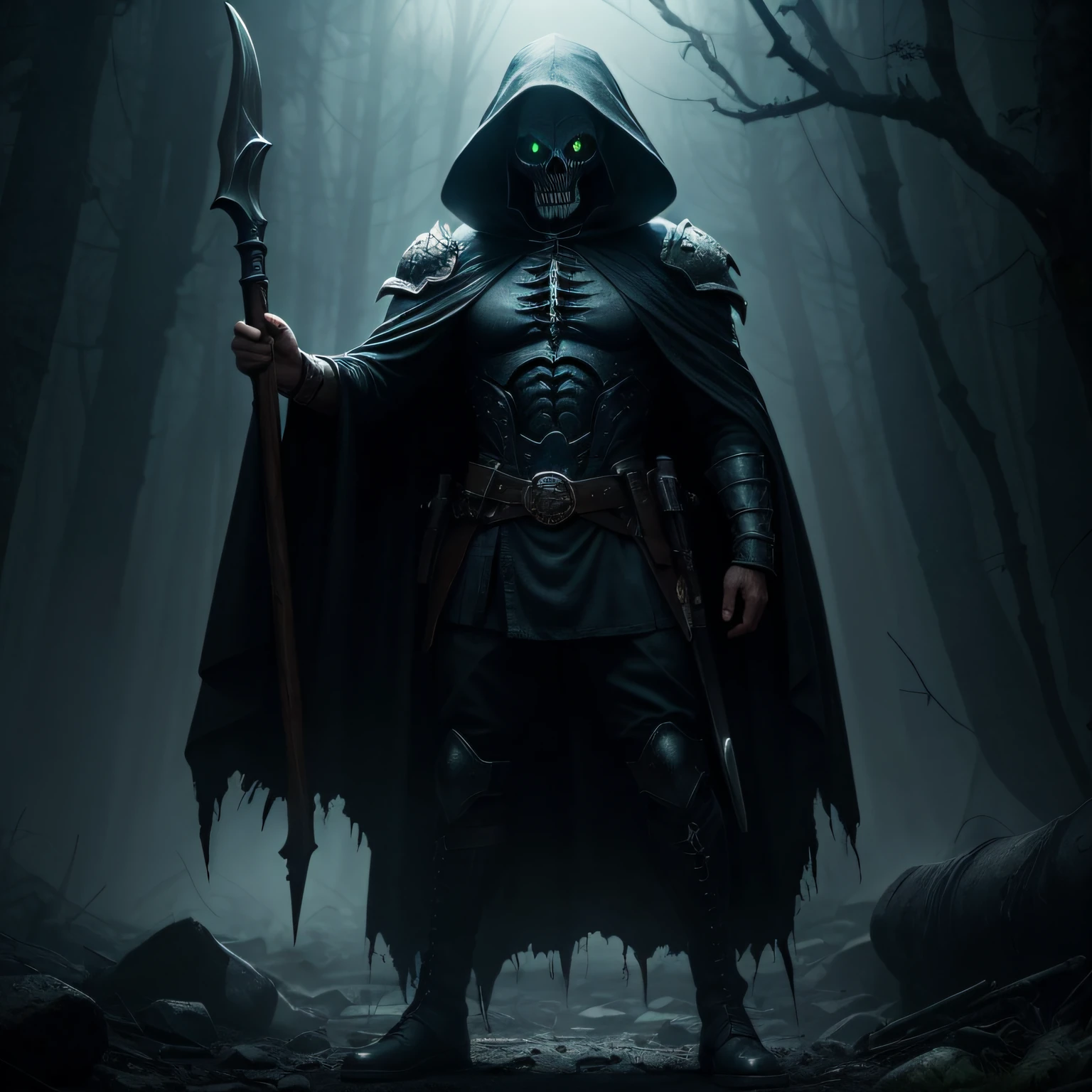 Killing representative,female pervert, Green, Blue and white armor texture complex pattern handsome,Put on the Grim Reaper cloak,Sheep's hooves feet,The background is a terrifying hellish environment,Image quality: Ultra-high detail CG,Dark background,The light is dim,Show the breath of killing,There are hellfire and dead souls everywhere around。(tmasterpiece, Excellent image quality, hyper-high detail, horror theme, deep dark background, low illuminance, The details are unbeatable)
