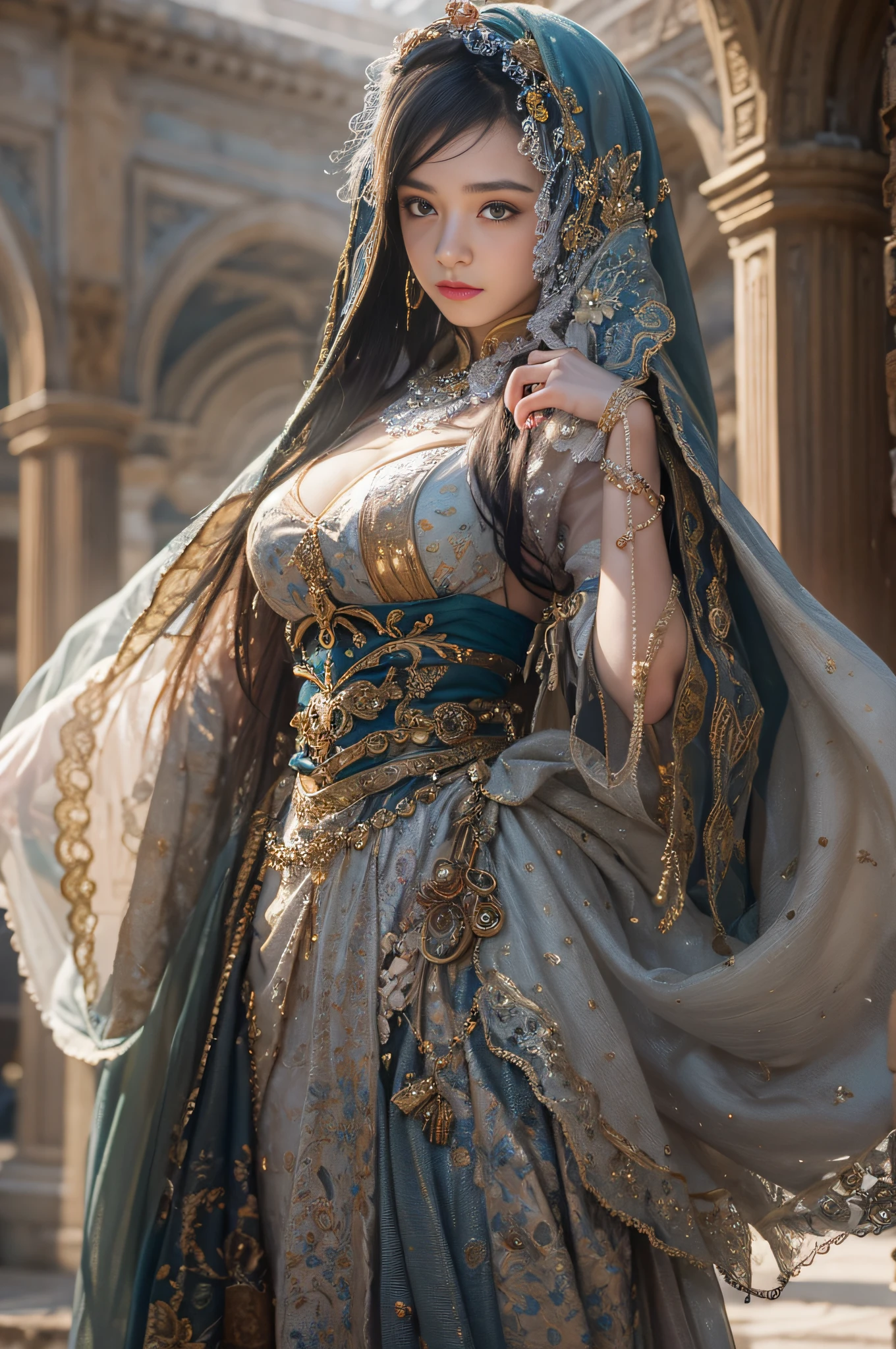 (RAW photo, best quality), (realistic, photo-realistic:1.3),HIJAB DRESS, best quality, highly detailed, masterpiece, ultra-detailed, illustration, 1girl, upper_body, dynamic angle, world masterpiece theater, messy_long_hair, best quality, extremely detailed CG unity 8k wallpaper, ink, Amazing, cinematic lighting, lens_flare, dunhuang_style,