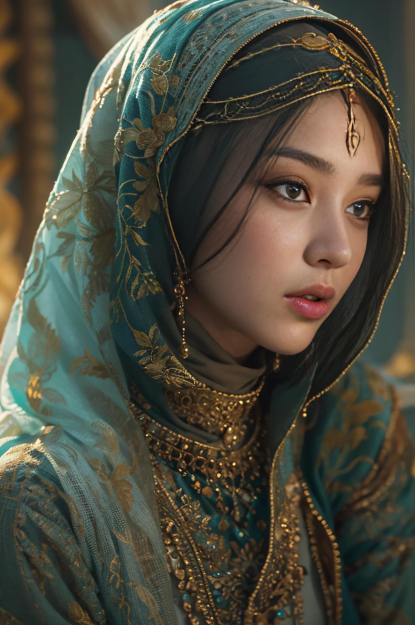 (RAW photo, best quality), (realistic, photo-realistic:1.3),HIJAB DRESS, best quality, highly detailed, masterpiece, ultra-detailed, illustration, 1girl, upper_body, dynamic angle, world masterpiece theater, messy_long_hair, best quality, extremely detailed CG unity 8k wallpaper, ink, Amazing, cinematic lighting, lens_flare, dunhuang_style,