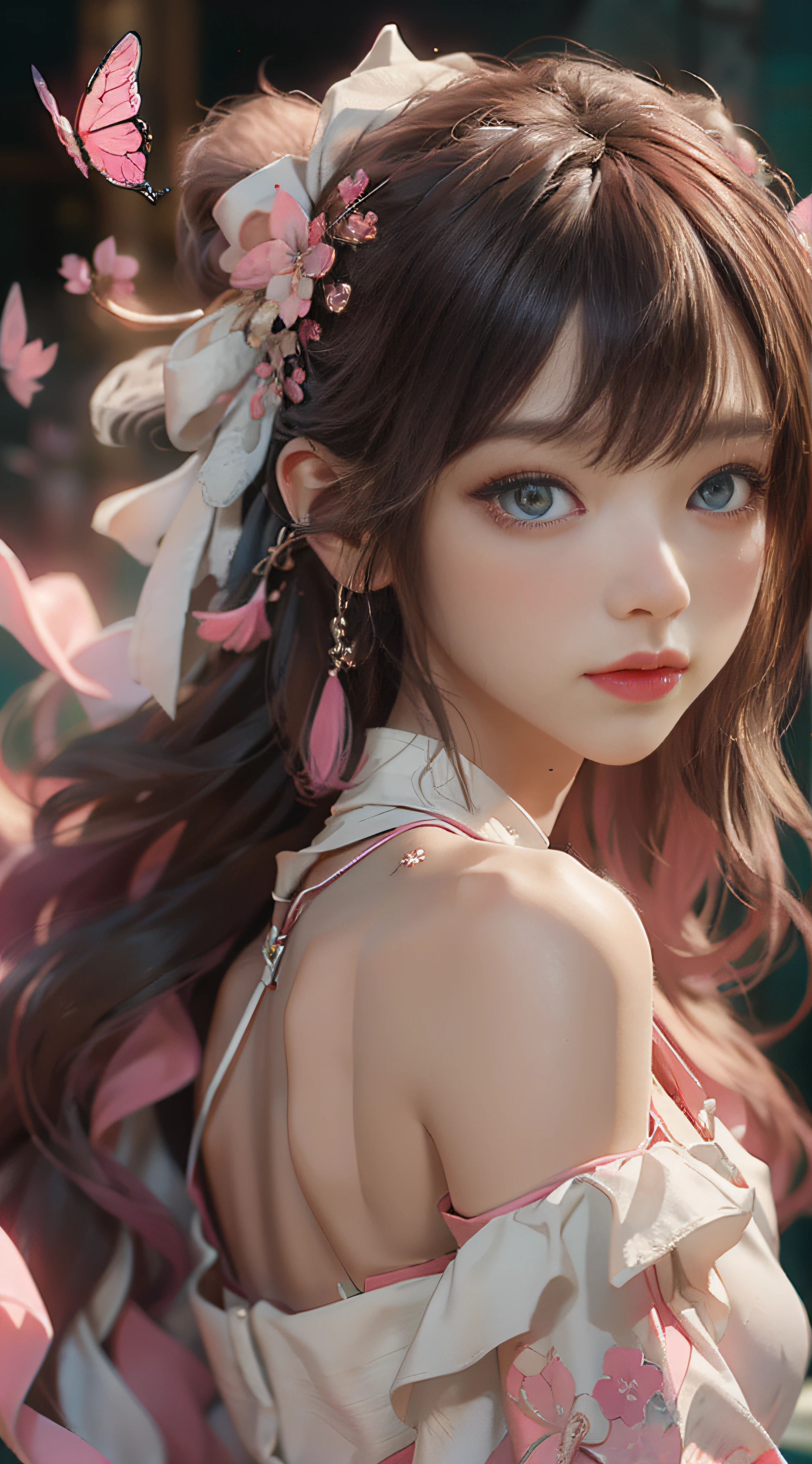 （（best qualtiy））， （（tmasterpiece））， （detail：1.4）， Beautiful cyberpunk female images，hdr（HighDynamicRange），Ray traching，NVIDIA RTX，Hyper-Resolution，illusory 5，sub surface scattering，PBR textures，post-proces，Anisotropy Filtering，depth of fields，maximum definition and sharpness，Many-Layer Textures，Albedo e mapas Speculares，Surface coloring，Mitsu-Accurate simulation of material interactions，perfectly proportioned，rendering by octane，Two-colored light，largeaperture，Low ISO，White balance，Rule three points、8K raw data、Beautiful bright blue pupils，off-the-shoulder clothes，Fine pupils，Delicate face and eyes，long eyelasher，Blushlush，Delicate and fluffy hair，pink lip，Pure，Cute face，Sweet girl，Artistic sense，Casual wear，Advancedsense，butterflys，Cherry blossom petal，Beautiful hair accessories，Long hair and waist，Hair fluttering in the wind，wedding gown，curlies