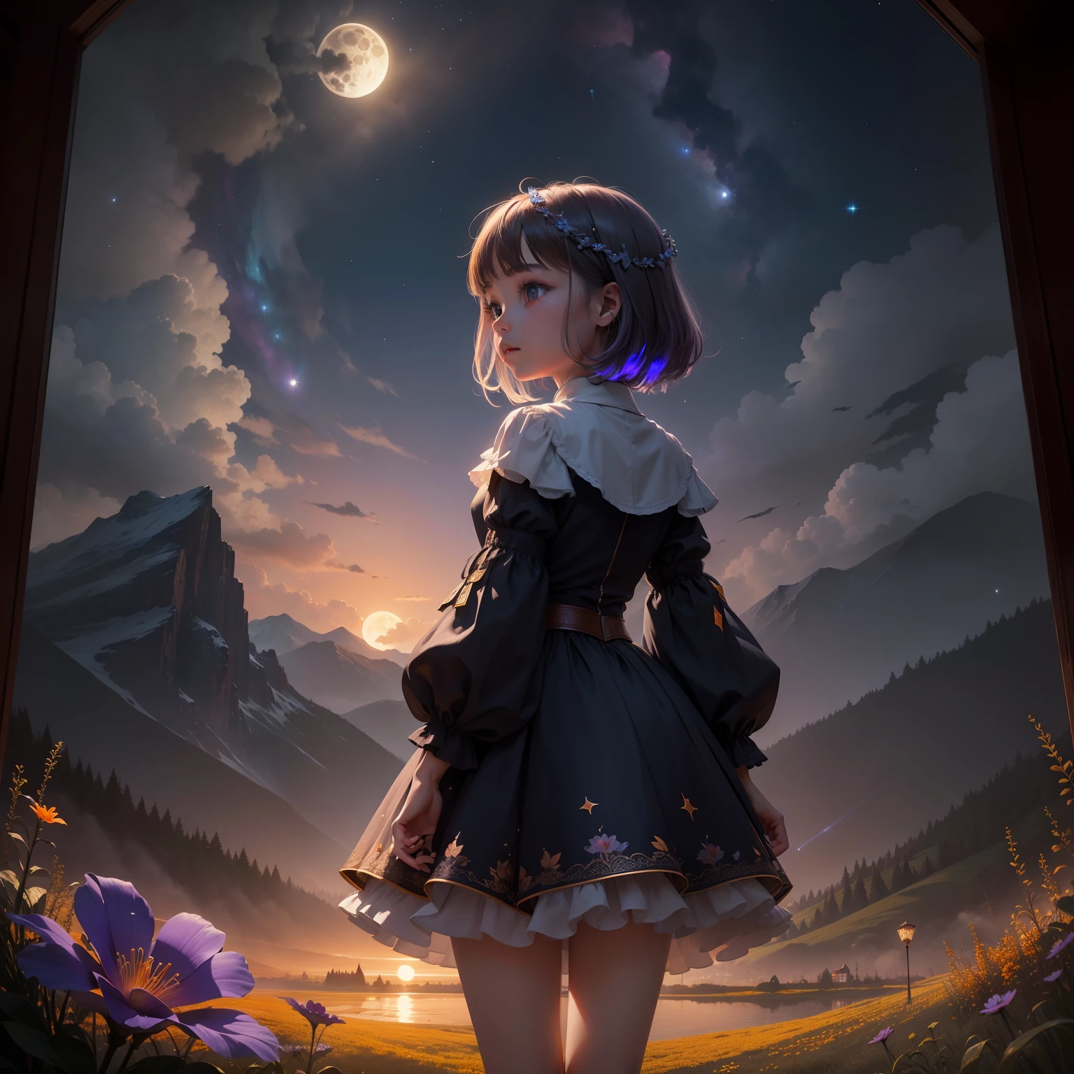 Expansive landscape photograph, (view from below with a view of the sky and the wilderness below), standing in a flower field looking up, (full moon: 1.2), (shooting star: 0.9), (nebula: 1.3), distant mountain, tree break production art, (warm light source: 1.2), (firefly: 1.2), lamp, purple and orange, intricate detail, volume lighting BREAK (masterpiece: 1.2), (highest quality ), 4k, ultra-detailed, (dynamic configuration: 1.4), highly detailed and colorful details (iridescent: 1.2), (sparkling lighting, atmospheric lighting), dreamy, magical, (solo: 1.2)
