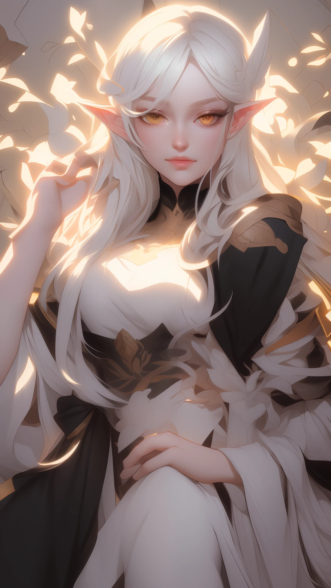 anime girl with long white hair and green eyes holding a sword, white haired deity, she has elf ears and gold eyes, portrait knights of zodiac girl, artwork in the style of guweiz, detailed digital anime art, guweiz on pixiv artstation, guweiz, portrait of a forest mage, portrait of an elf queen,, beautiful line art, detailed manga style, extremely fine ink lineart, black and white manga style, black and white line art, ink manga drawing, intense line art, pencil and ink manga drawing, intense black line art, in style of manga, exquisite line art, perfect lineart,exquisite line art, exquisite digital illustration, detailed digital drawing, black and white coloring, digital anime illustration, a beautiful artwork illustration, detailed matte fantasy portrait, beautiful line art, great digital art with details, goddess. extremely high detail, 4k detailed digital art, stunning digital illustration, digital fantasy illustration,((Best quality)), ((masterpiece)), (detailed:1.4), 3D, an image of a beautiful female,HDR (High Dynamic Range),Ray Tracing,NVIDIA RTX,Super-Resolution,Unreal 5,Subsurface scattering,PBR Texturing,Post-processing,Anisotropic Filtering,Depth-of-field,Maximum clarity and sharpness,Multi-layered textures,Albedo and Specular maps,Surface shading,Accurate simulation of light-material interaction,Perfect proportions,Octane Render, Two-tone lighting,Wide aperture,Low ISO,White balance,Rule of thirds,8K RAW,