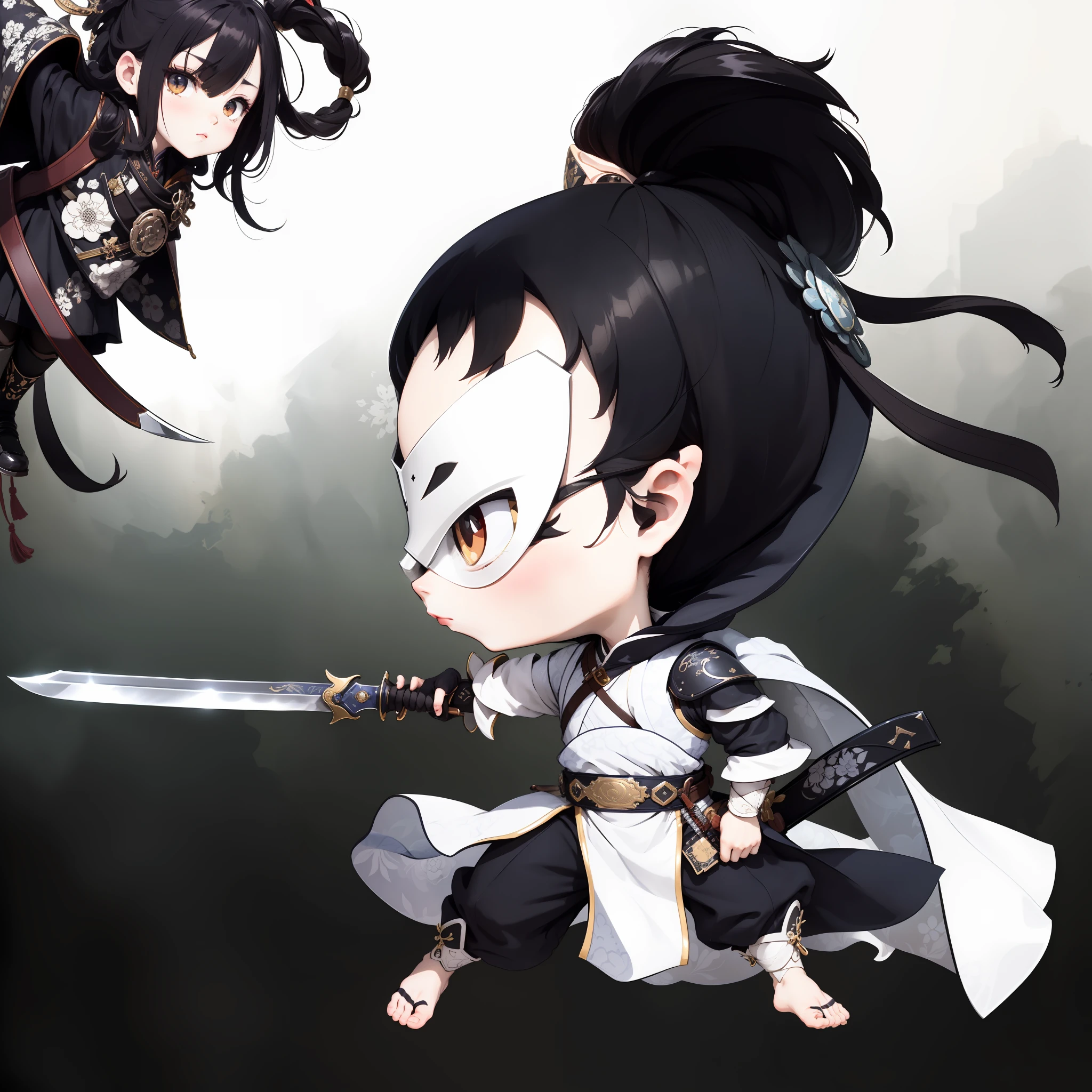 Chibi anime characters，The sword，sword sheath，There is a beautiful pattern on the scabbard，Refinement，Fine painting，Refinement，infinite details，high definition detail，Delicate belt，Belt accessories，Male characters，Blindfolds，sideface，swordsman，dark colored hair，Patterned，Pattern，Blank background，Bright colors，Metal edging