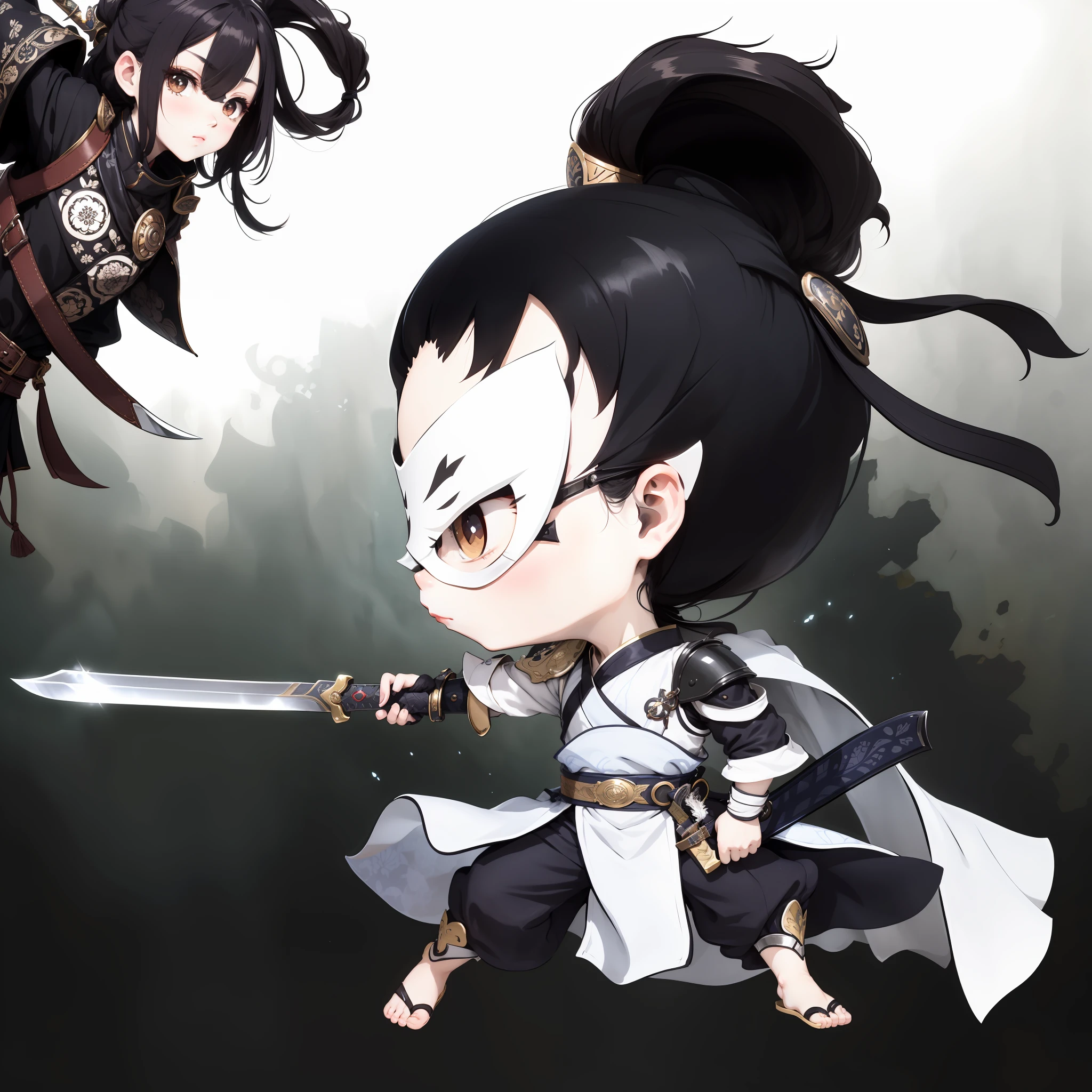 Chibi anime characters,The sword,sword sheath,There is a beautiful pattern on the scabbard,Refinement,Fine painting,Refinement,infinite details,high definition detail,Delicate belt,Belt accessories,Male characters,Blindfolds,sideface,swordsman,dark colored hair,Patterned,Pattern,Blank background,Bright colors,Metal edging