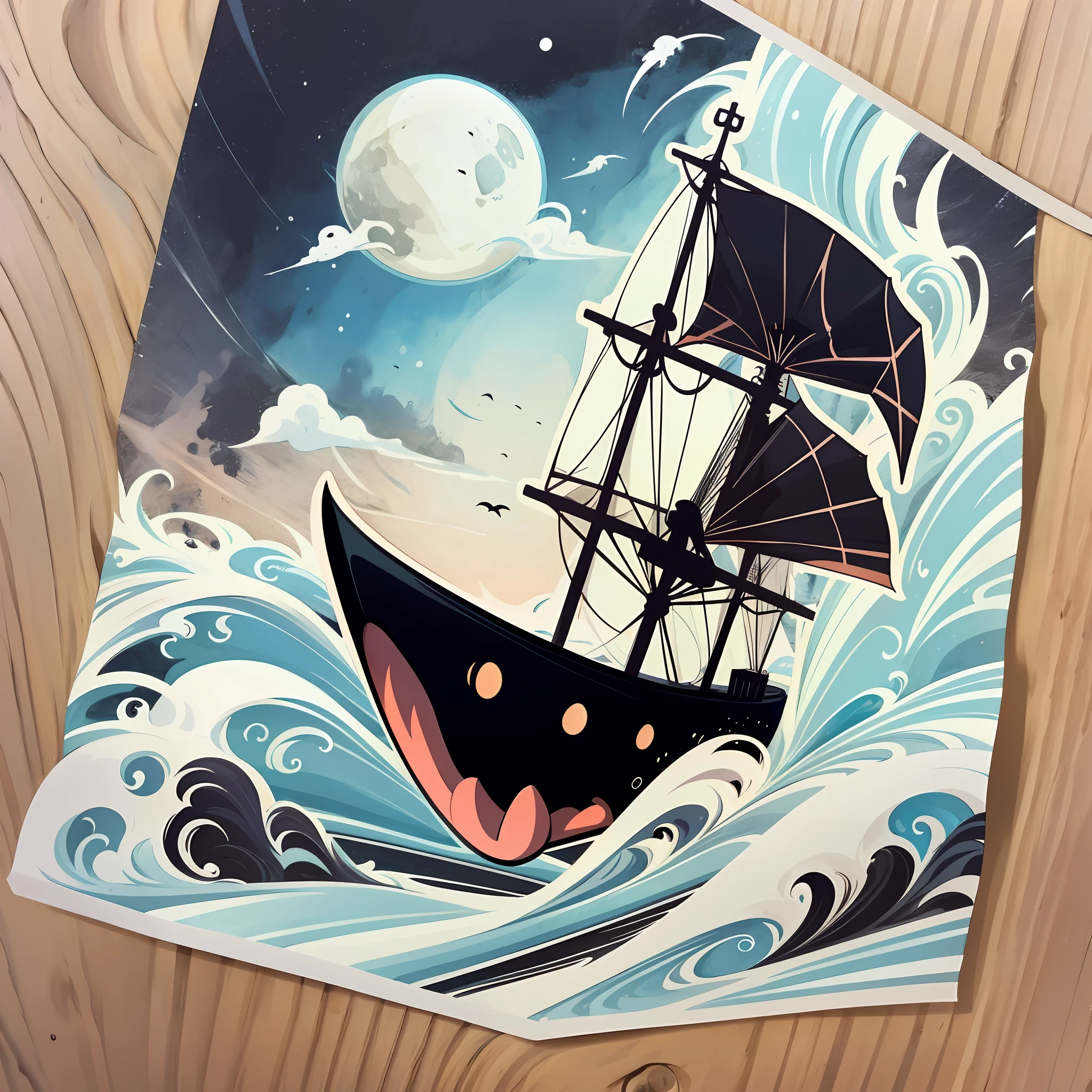 Black ship,Black Pearl Galleon,(Car sticker design),dangers,Wind and waves,Maritime navigation,، simple,Grey,the night,Bermuda triangle,uncanny,ghostship ,cartoonish style,The moon is dark and windy,terroral,shadowy,Heavy fog,