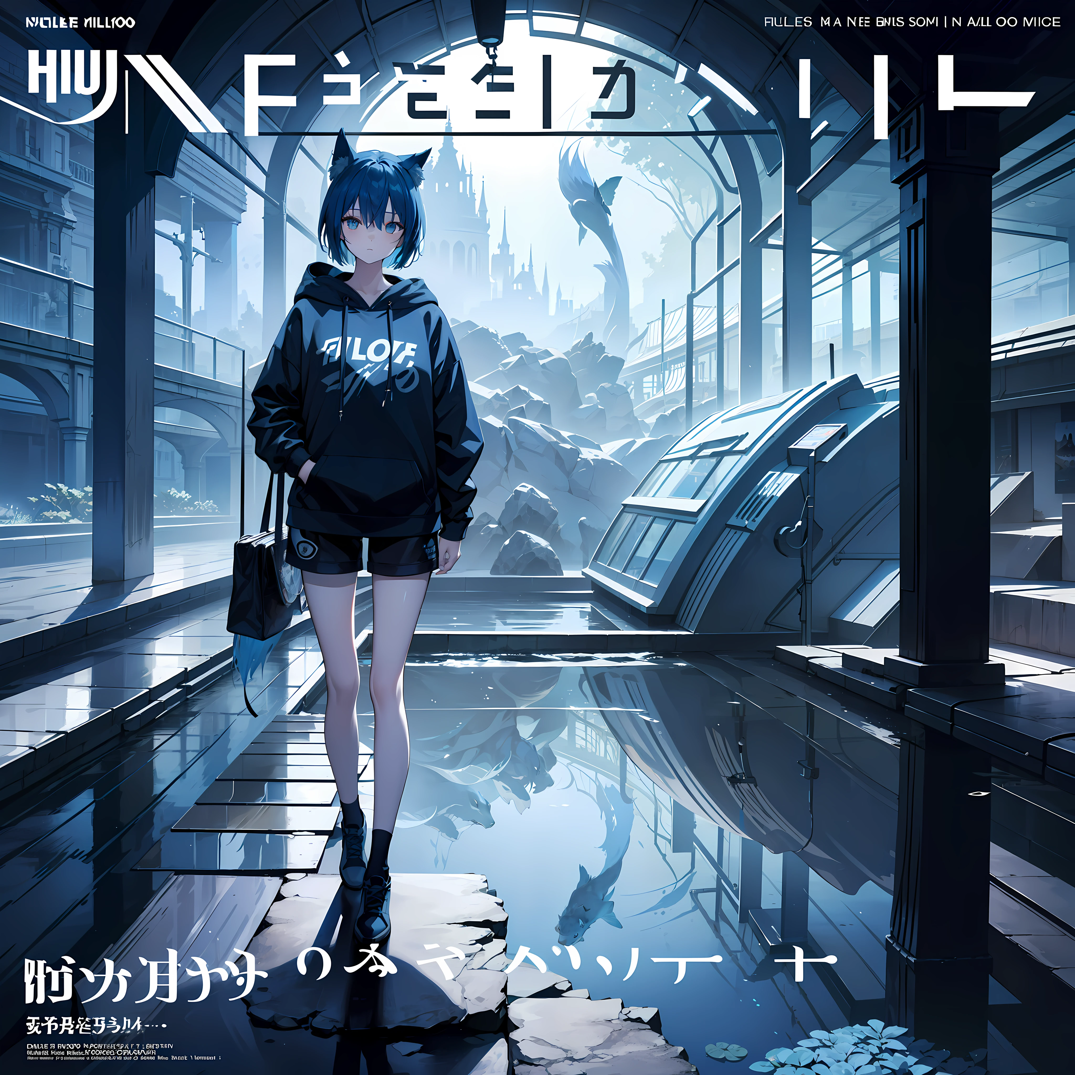 masterpiece, best quality, full body, (1girl), (blue hoodie), (Girl wolf cut hair), (blue hair), black shorts, (solo), (magazine:1.3), (cover-style:1.3), fashionable, (Under water beautiful nature), (in side tunnel aquarium), dark mood