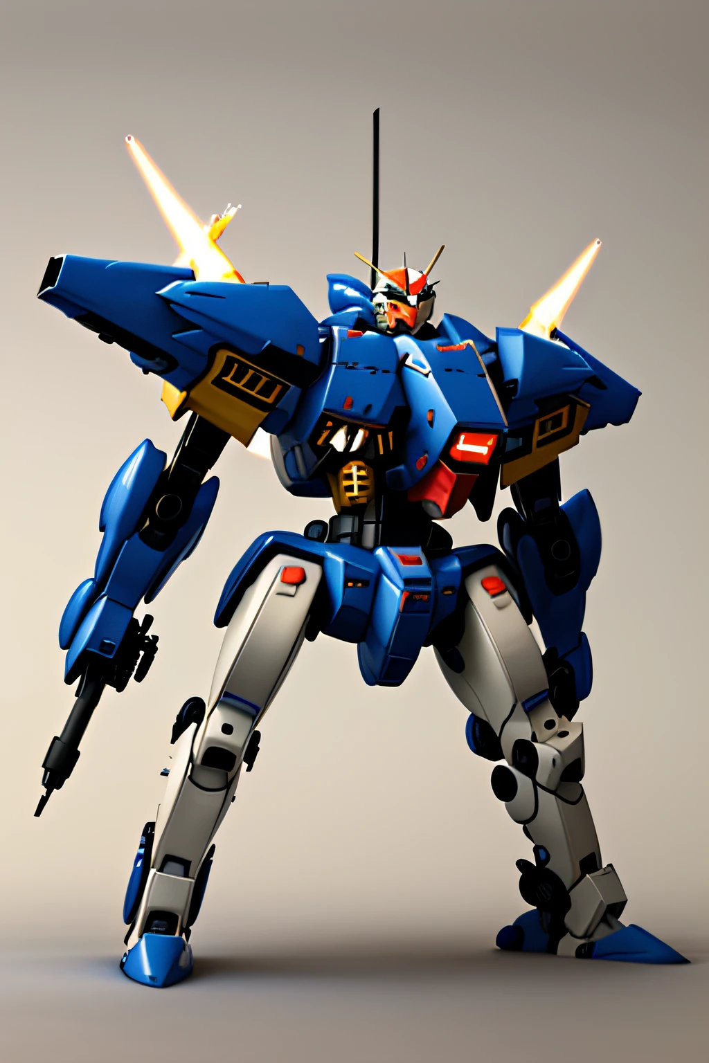 Create a visually appealing image of a Gundam-inspired robot with a blue base color, captured from a diagonal side view to show the entire body, (Appearance), (Pose), (Environment), (Lighting), (Details), (Background), and (Emotion).