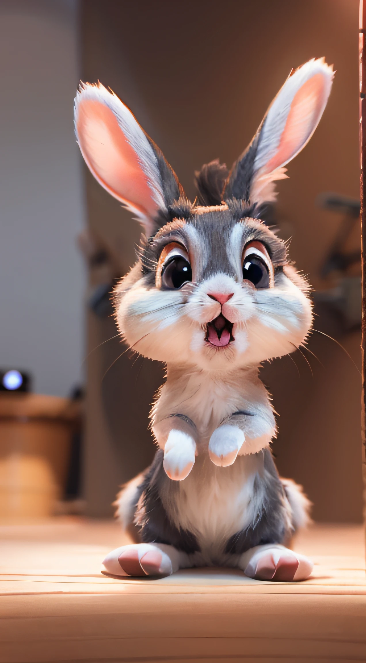 a cute cartoon bunny, pleading with camera, big sad eyes, ears dropping down, full body, realistic, 8k, ultra-detailed ,illustration ,dynamic angle, masterpiece, best quality,