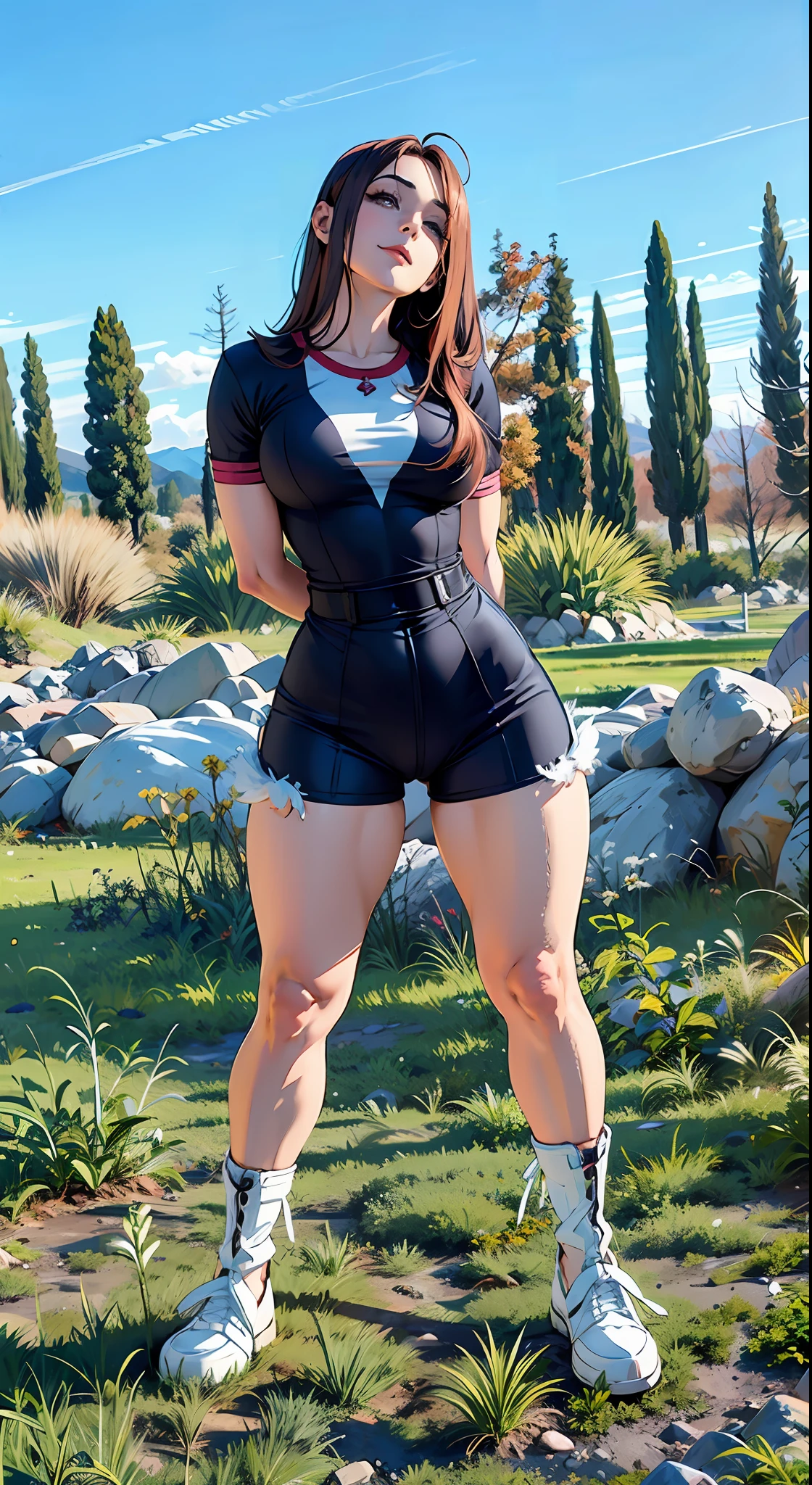 Ochaco Uraraka em uma roupa curta posando para uma foto, bunda grande, coxas grossas, massive legs towering over you, pernas grossas, full body in sight, coxas expostas!!!, thicc, cute face with arms and legs, roupa apertada, imagem de corpo inteiro, tiro de comprimento de corpo inteiro, olhar sexy, traje apertado, em pleno crescimento,  mulher curta robusta, rosto muito bem feito, rosto em 8k