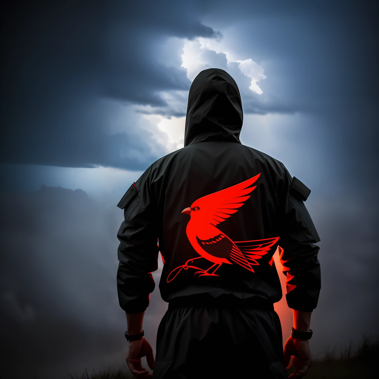A man in a storm suit has a blood-red black bird behind his back in the dark --auto