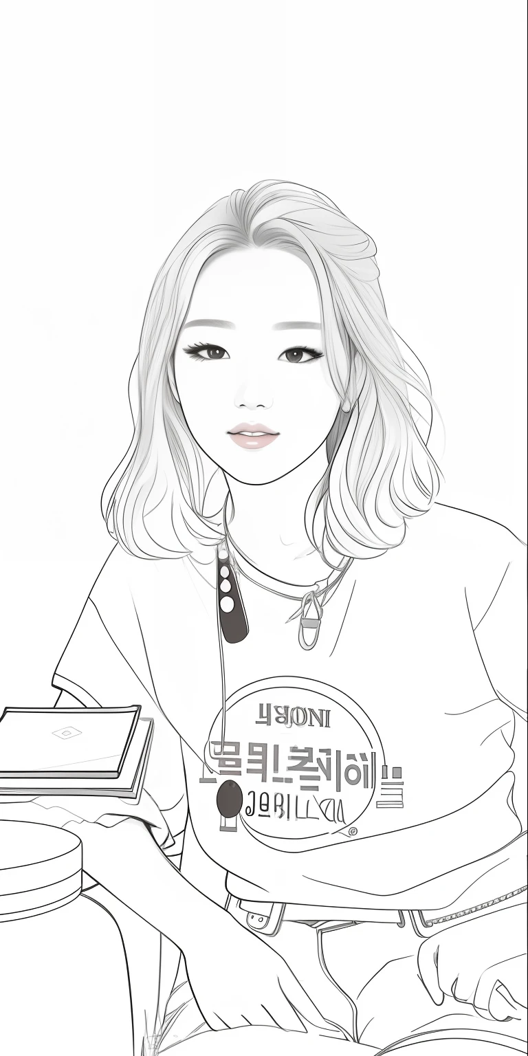 A woman sits in a chair holding a painting of a book, portrait of jossi of blackpink, Line sketch, inspired by Sim Sa-jeong, line art portrait, Line sketch!!, digital sketch, inspired by Tang Sin Yun Sandara, portrait of kpop idol, portrait of female korean idol, line art illustration, inspired by Kim Tschang Yeul