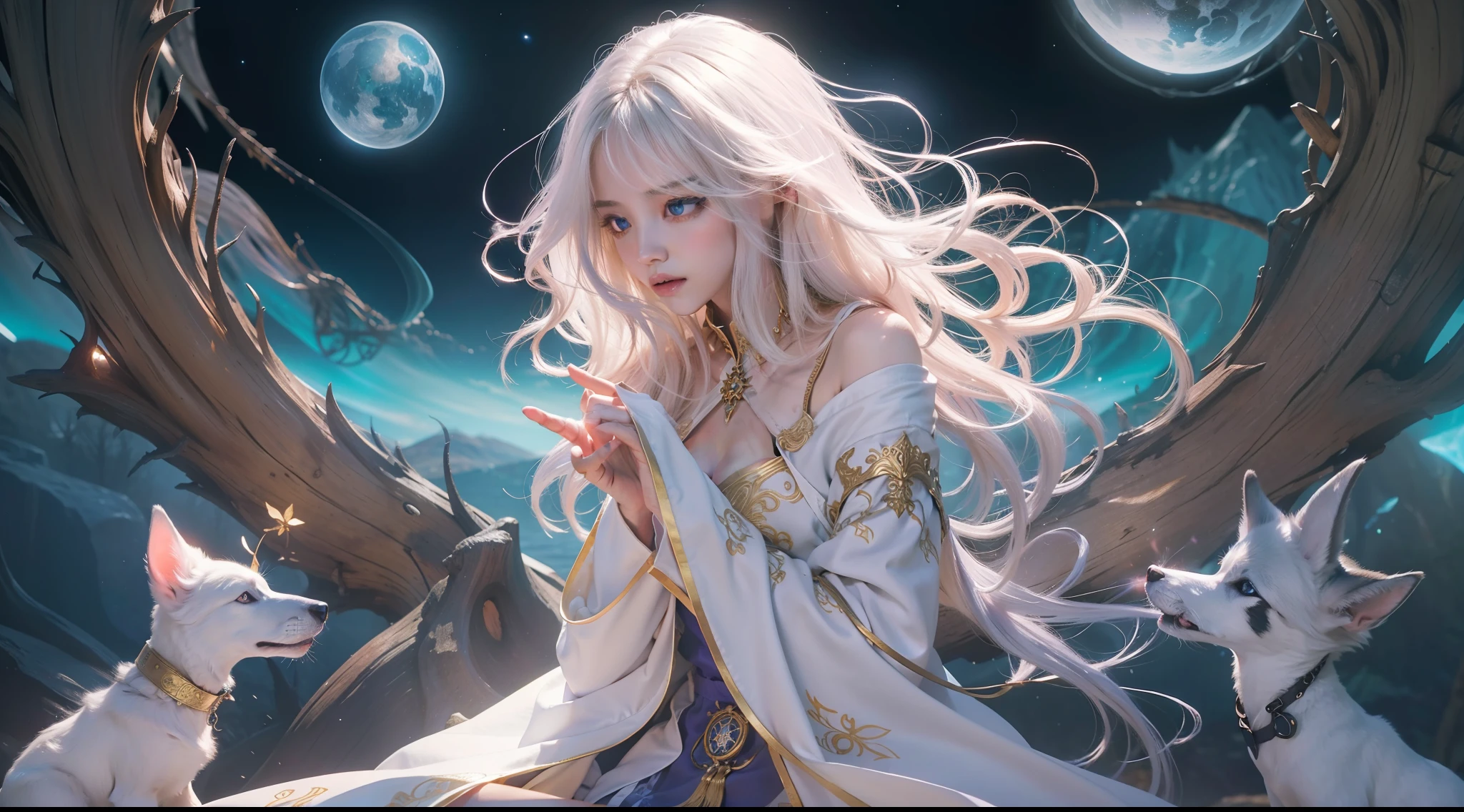 Crystal Castle Sealed in a Book of Magic,Blood,Night, Dark, (Fantasy),infinite,deep blue sky,The abyss of knowledge,Cowledge,((masutepiece)), (((Best Quality))),((Beautiful fine eyes)),(Eye lashes)、Beautiful girl riding a giant white wolf、(女の子1人)、Perfect human body structure、Black hair fluttering in the wind、The long-haired、abyss eyes、glowy skin、oils、small tits、Wizard robes、tattered cloth、Realistic coat、Teenchi、Super delicate CG Unity 32k wallpaper、​masterpiece, ((ultra-detailliert)), ((illustratio)),colourfull,wall-paper,The energy,Unknown terror,Incomprehensible,Around the magic,Magical surroundings,magic wands,Boken,Flying pages,Know everything,Predict the future、Get to know the past、Infinite wisdom、blue flames、Warlock、magic circles、Pentagram、Spells、mantra、Singing magic