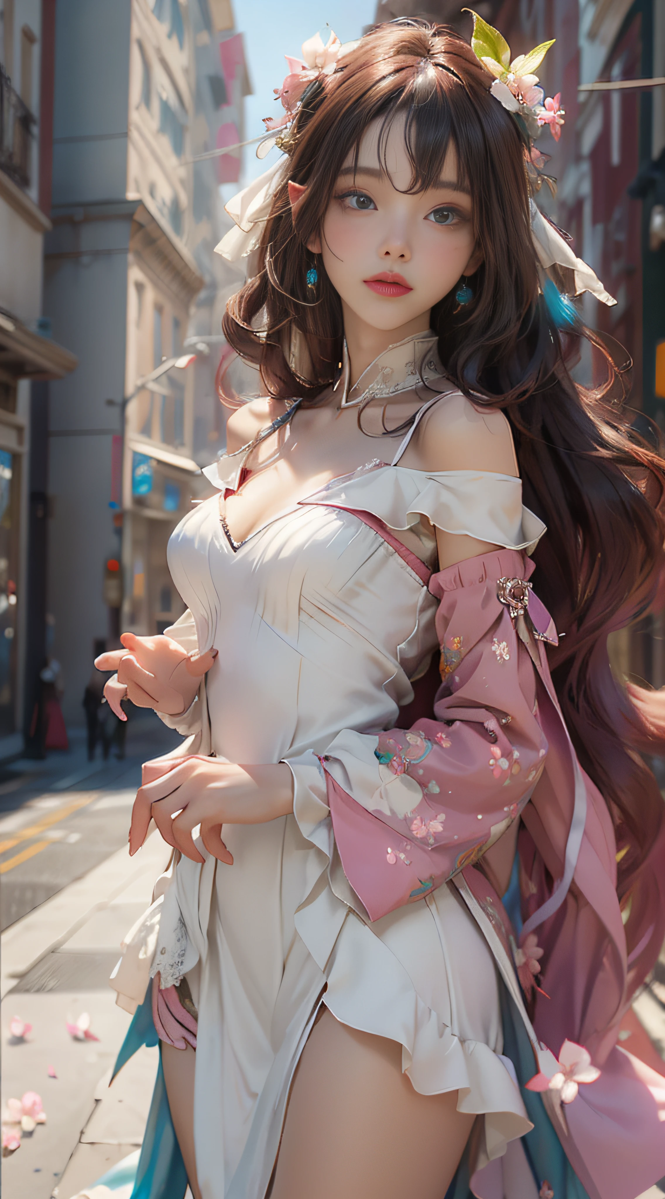 （（best qualtiy））， （（tmasterpiece））， （detail：1.4）， Beautiful cyberpunk female images，hdr（HighDynamicRange），Ray traching，NVIDIA RTX，Hyper-Resolution，illusory 5，sub surface scattering，PBR textures，post-proces，Anisotropy Filtering，depth of fields，maximum definition and sharpness，Many-Layer Textures，Albedo e mapas Speculares，Surface coloring，Mitsu-Accurate simulation of material interactions，perfectly proportioned，rendering by octane，Two-colored light，largeaperture，Low ISO，White balance，Rule three points、8K raw data、Beautiful bright blue pupils，off-the-shoulder clothes，Fine pupils，Delicate face and eyes，long eyelasher，Blushlush，Delicate and fluffy hair，pink lip，Pure，Cute face，Sweet girl，Artistic sense，Casual wear，Advancedsense，butterflys，Cherry blossom petal，Beautiful hair accessories，Long hair and waist，Hair fluttering in the wind，wedding gown，curlies