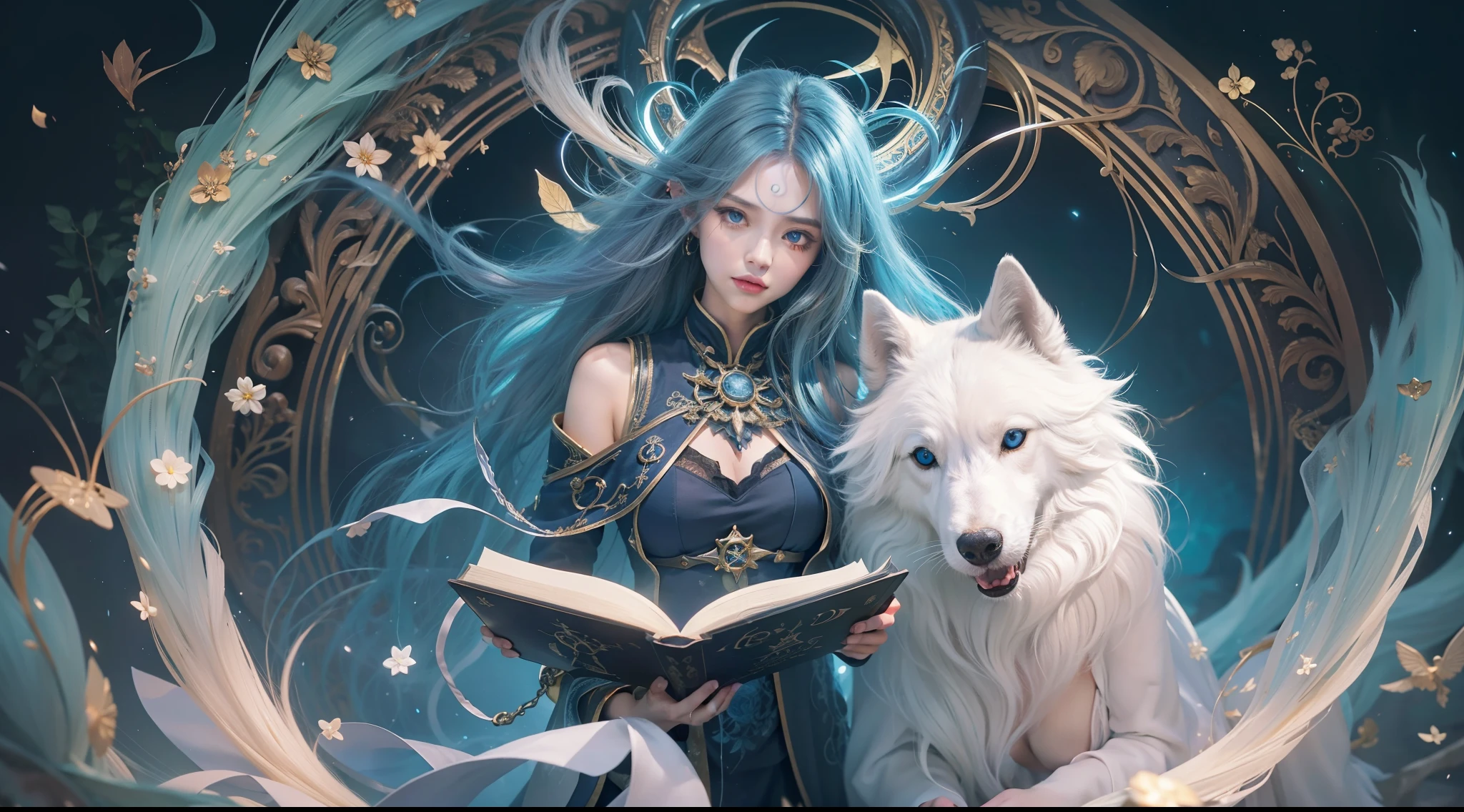 Crystal Castle Sealed in a Book of Magic,Blood,Night, Dark, (Fantasy),infinite,deep blue sky,The abyss of knowledge,Cowledge,((masutepiece)), (((Best Quality))),((Beautiful fine eyes)),(Eye lashes)、Beautiful girl riding a giant white wolf、(女の子1人)、Perfect human body structure、Black hair fluttering in the wind、The long-haired、abyss eyes、glowy skin、oils、small tits、Wizard robes、tattered cloth、Realistic coat、Teenchi、Super delicate CG Unity 32k wallpaper、​masterpiece, ((ultra-detailliert)), ((illustratio)),colourfull,wall-paper,The energy,Unknown terror,Incomprehensible,Around the magic,Magical surroundings,magic wands,Boken,Flying pages,Know everything,Predict the future、Get to know the past、Infinite wisdom、blue flames、Warlock、magic circles、Pentagram、Spells、mantra、Singing magic