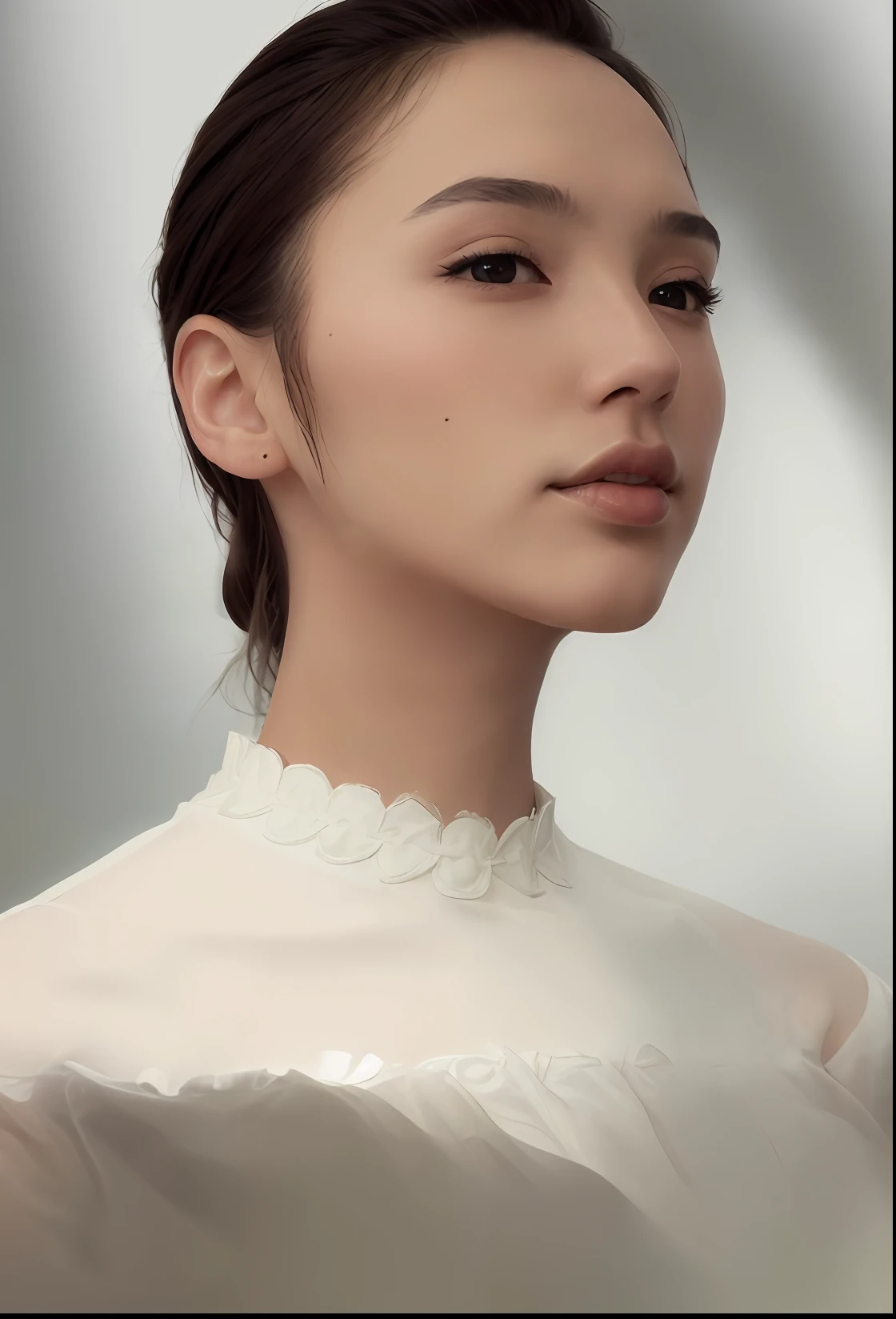 Close-up of a woman in a white shirt, High-end fashion photos are inspired by Gao Qipei, inspired by Gao Cen,gongbi,jia, collar around neck,White background,Light,Real face