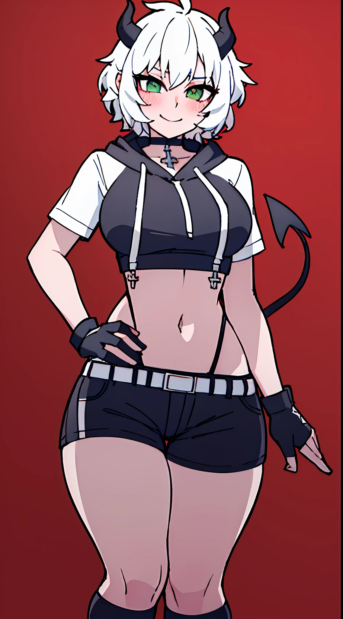 1girl, solo, height difference, short sleeve hoodie, black fingerless gloves, breasts, wide hips, blush, blushing, thick thighs, night, cross necklace, heart eyes, cowboy shot, horns on head, demon tail, black white and red outfit, red black and white background colors, white hair, tomboy, short hair, smiling, sneakers, running shoes, short shorts, exposed thigh, exposed calves, green eyes, black hair, viewing from front, thick thighs, shortstack, knee socks, exposed stomach, thighs,
