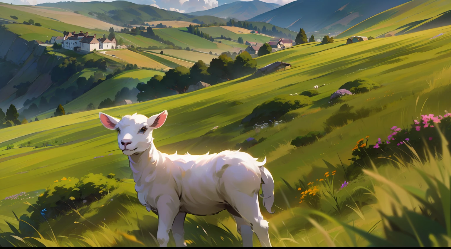 grassy fields, flock, Lovely lamb, Mountains in the distance, with blue sky and white clouds, wide angles, photography of, Ultra photo realsisim, macro photograph, Award-Awarded, Cinematic lighting, Atmospheric perspective, 8K, Super detail, ccurate, Best quality, Textured skin, High details