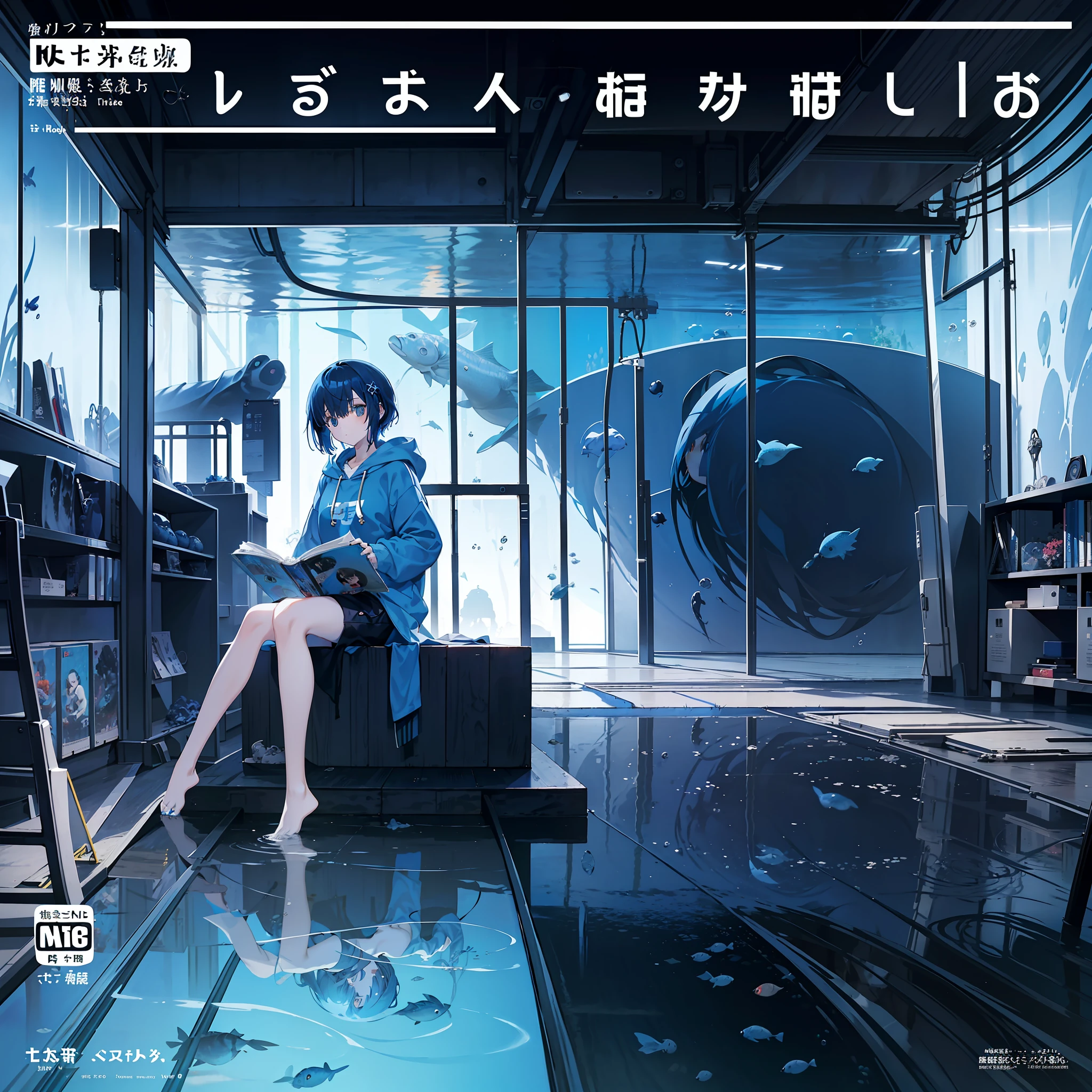 masterpiece, best quality, full body, (1girl), (blue hoodie), (girl Messy Japanese Round Haircut for Thick Hair), (blue hair), black shorts, (solo), (magazine:1.3), (cover-style:1.3), fashionable,Under water, (in side tunnel aquarium), dark mood