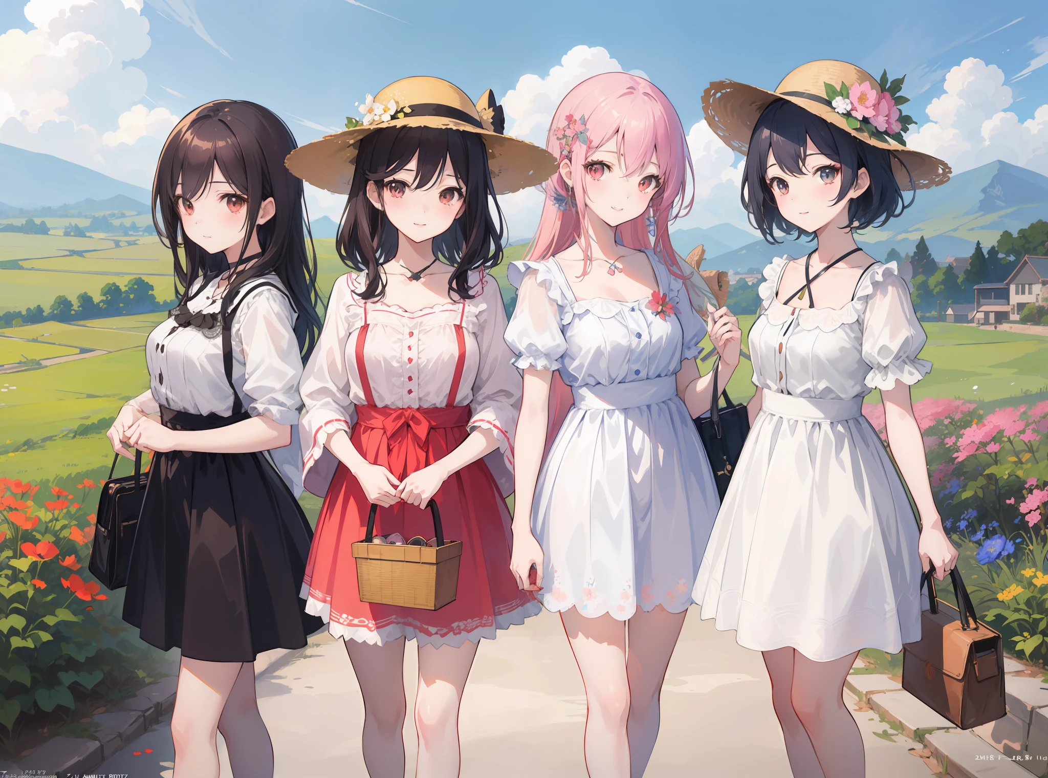masterpiece, best quality,three girls in dresses and hats standing in a field, official artwork, cute art style, artwork in the style of guweiz, guweiz on pixiv artstation, anime girls, official art, official fanart, beautiful anime art style, high detailed official artwork, seasons!! : 🌸 ☀ 🍂 ❄, official artwork hdr, guweiz